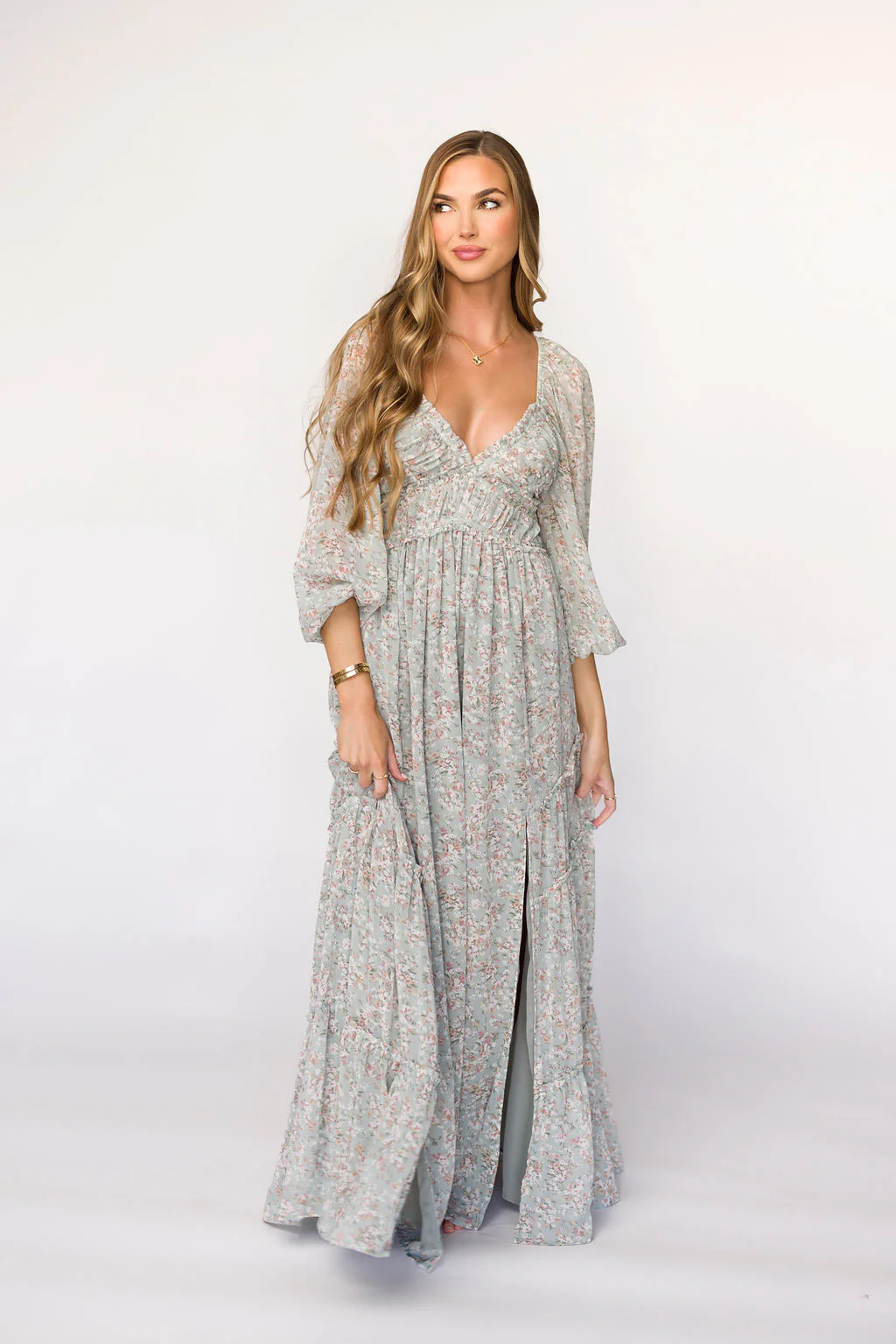 Daphne Long Sleeve Maxi Dress in Sage/Pink/Ivory Floral - Bump Friendly & Inclusive Sizing (XS-3XL) - Fashionser