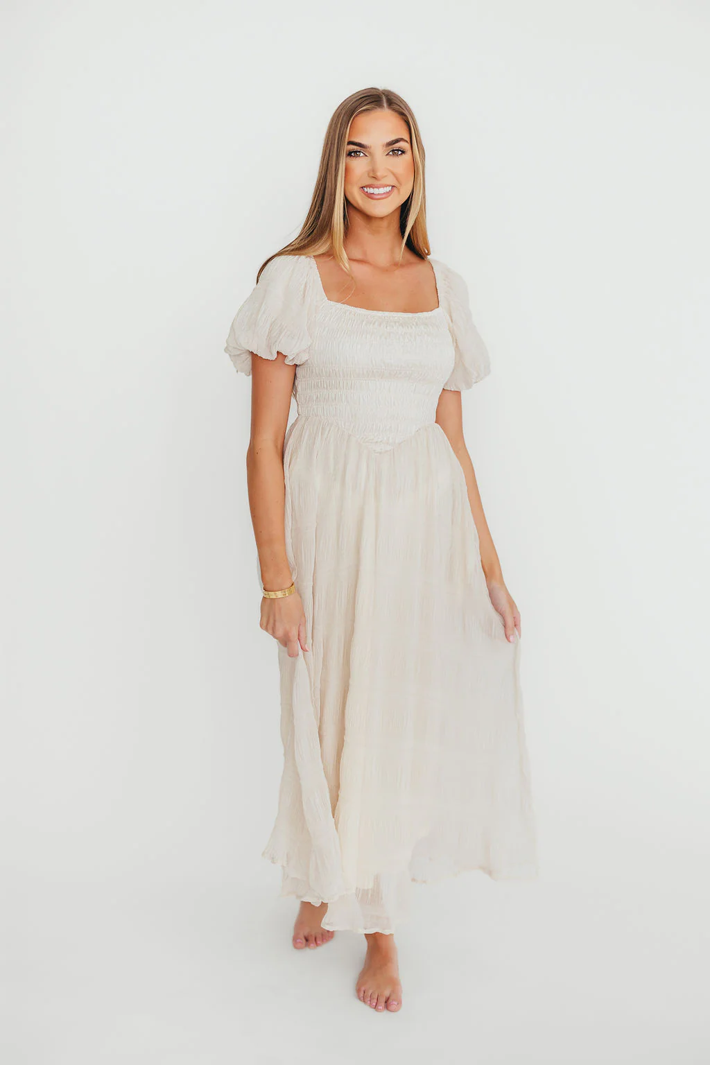 Laura Puff Sleeve Smocked Midi Dress in Ecru - Fashionser
