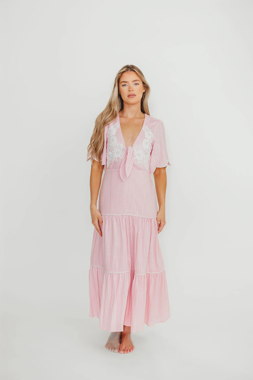 Lena Embroidered Tiered Midi Dress in Soft Pink - Fashionser