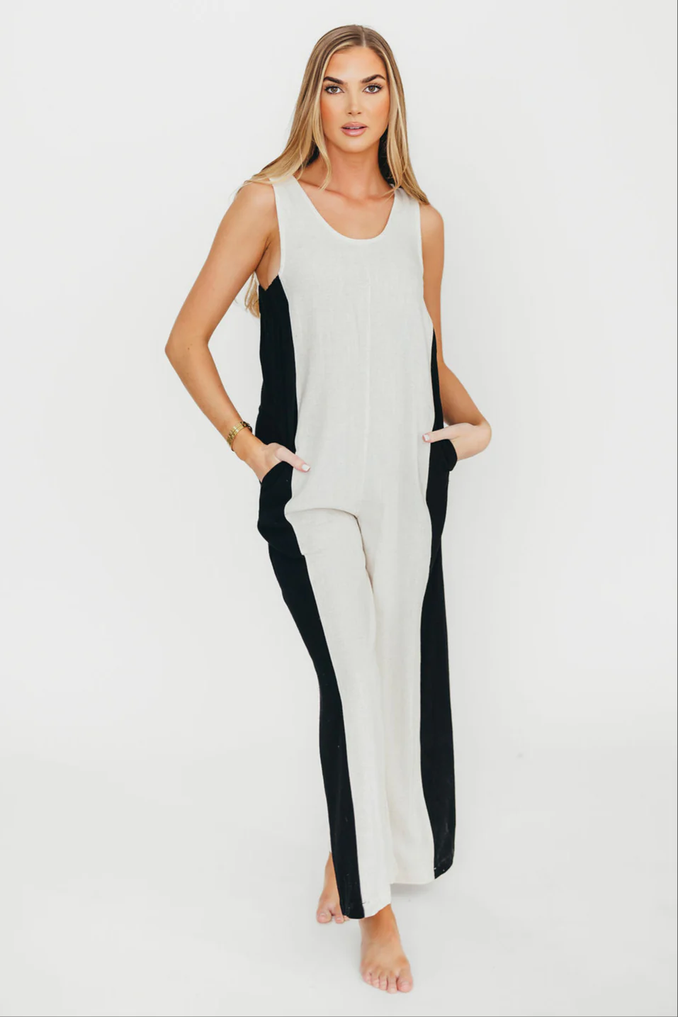 Chase Linen Contrast Side Jumpsuit in Natural/Black - Fashionser