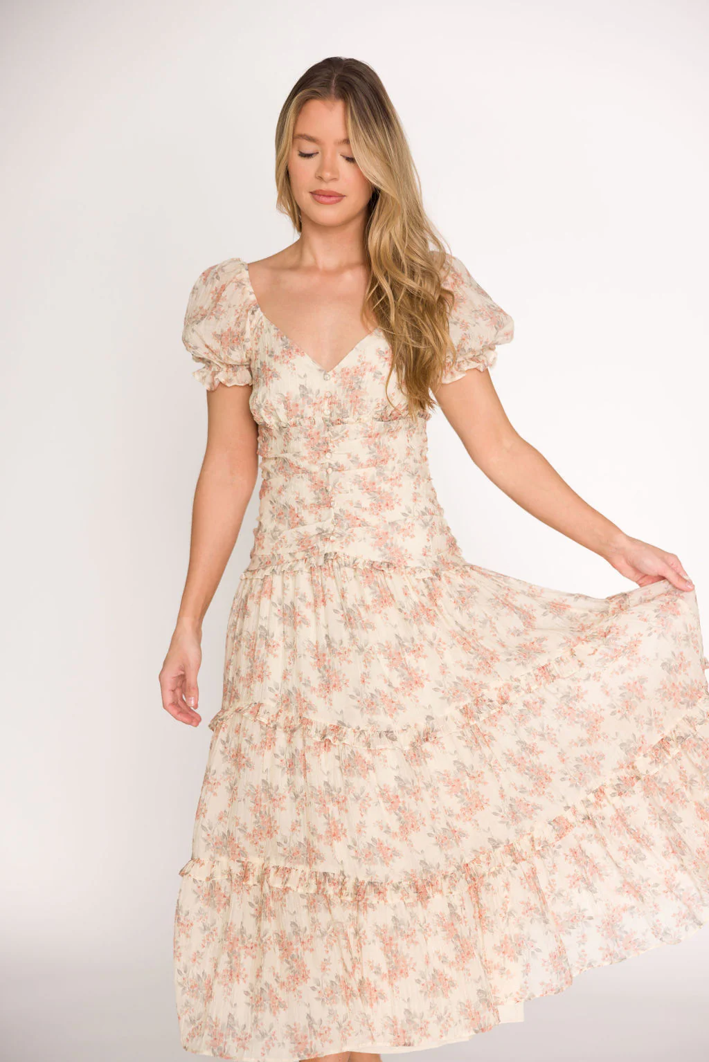 Jenna Ruffled Maxi Sundress in Cream/Multi Floral - Fashionser
