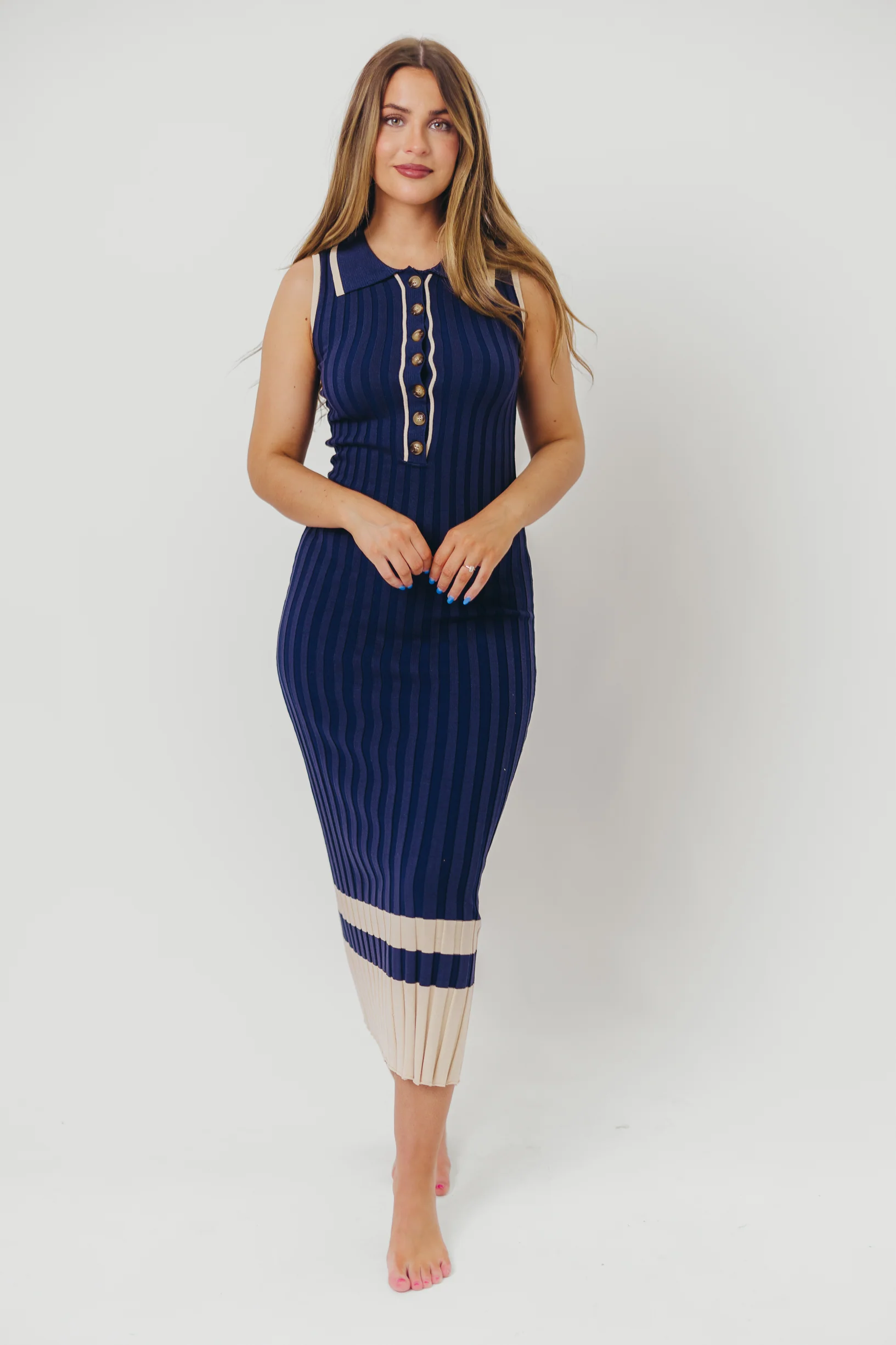 Jovie Sleeveless Ribbed Maxi Dress with Buttons in Navy - Fashionser