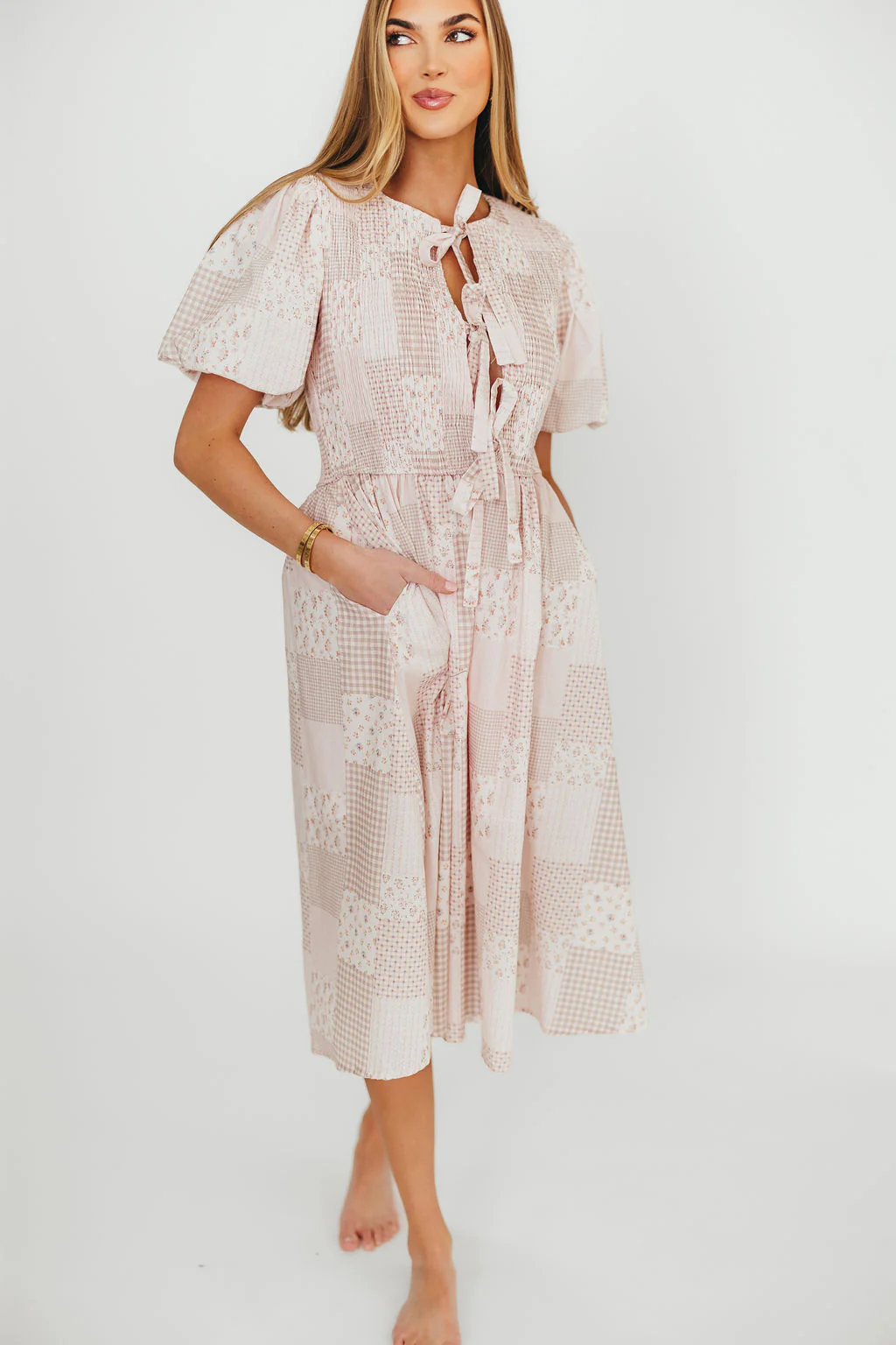 Tatum 100% Cotton Front Tie Midi Dress in Pink - Fashionser