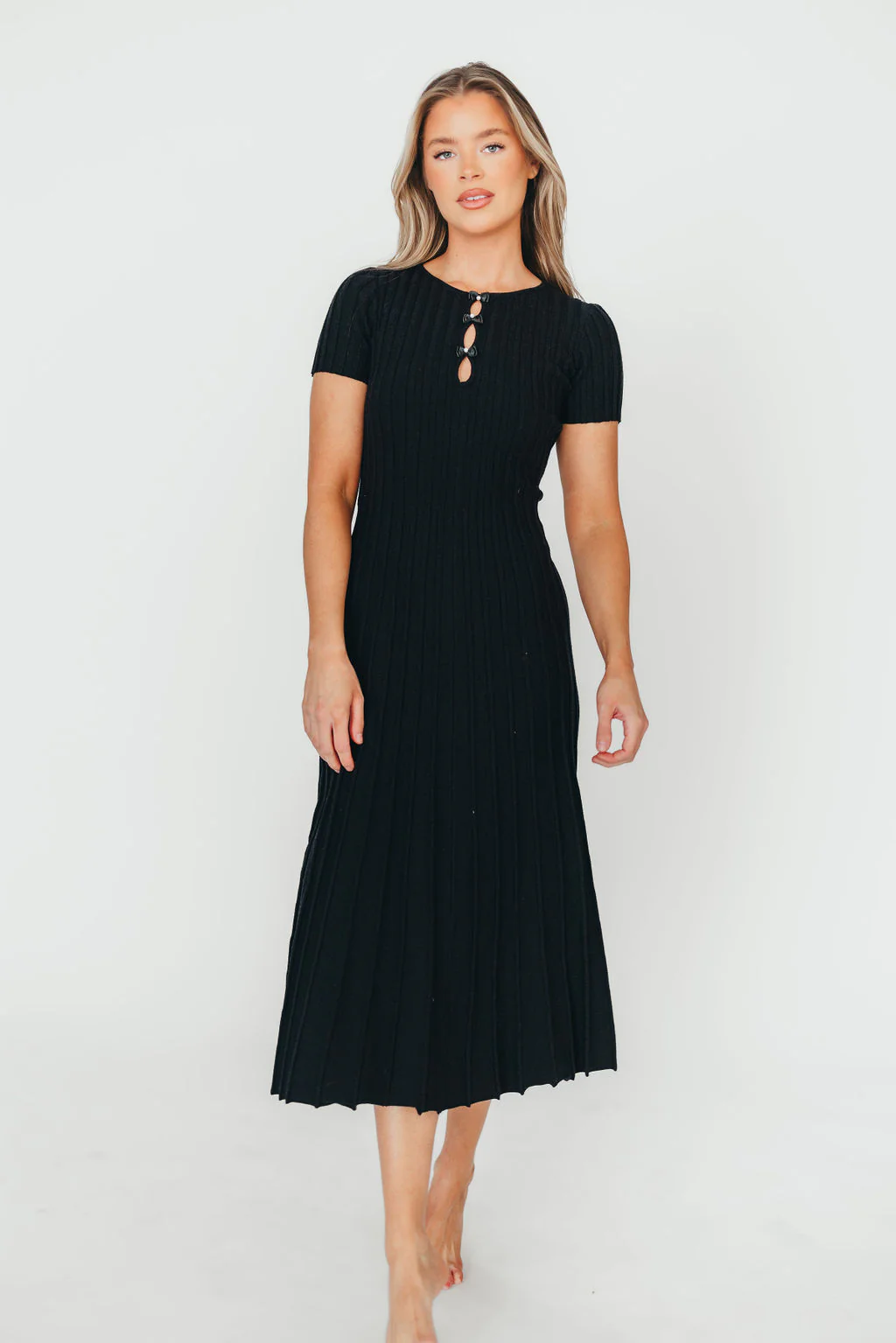 Winnie Front Bow Button Knit Midi Dress in Black - Bump Friendly - Fashionser