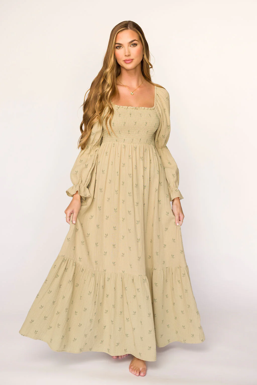 Emerson Gauze Maxi Dress in Thyme - Bump Friendly - Fashionser