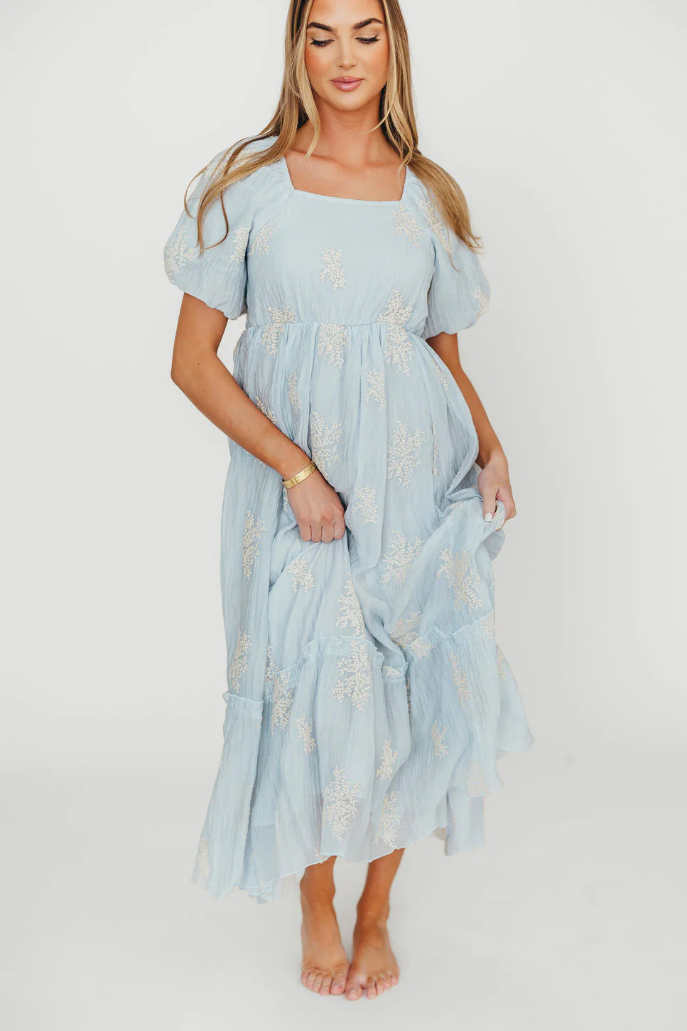 Hallie Embroidered Maxi Dress in Powder Blue - Bump Friendly & Inclusive Sizing (S-3XL) - Fashionser