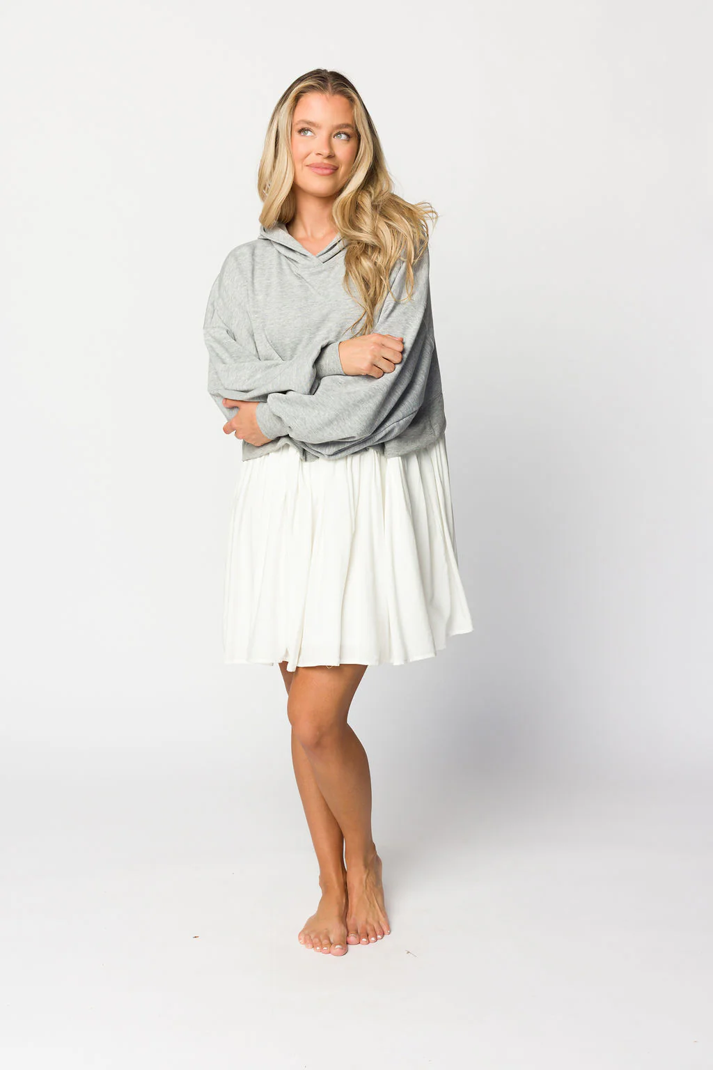 Caroline Hoodie/Babydoll Mini Dress in Heather Grey/Off-White - Fashionser