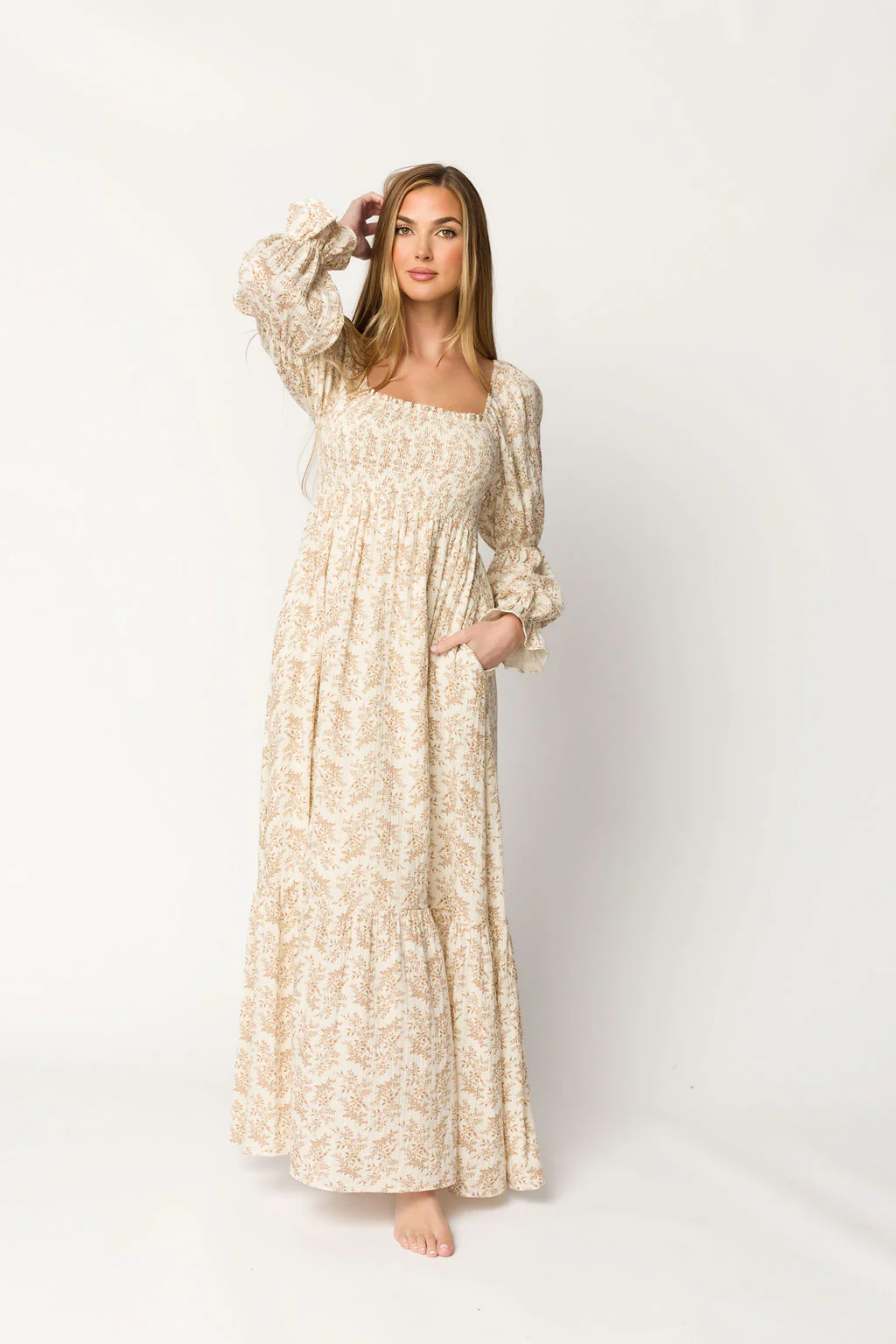 Emerson 100% Cotton Gauze Maxi Dress in Natural/Tan Floral - Bump Friendly - Fashionser
