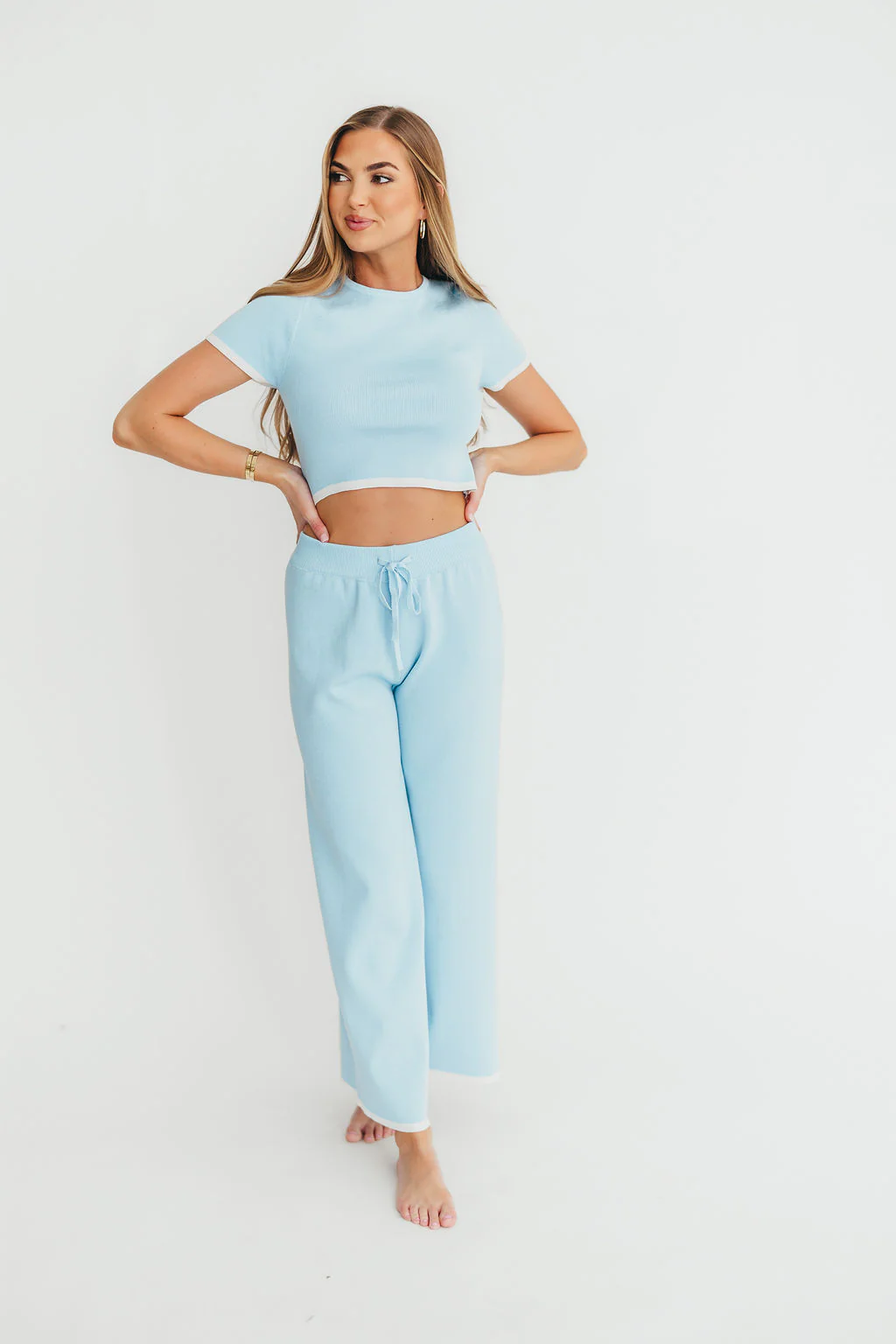 Lindsay Cropped Top and Pants Set in Light Blue - Fashionser