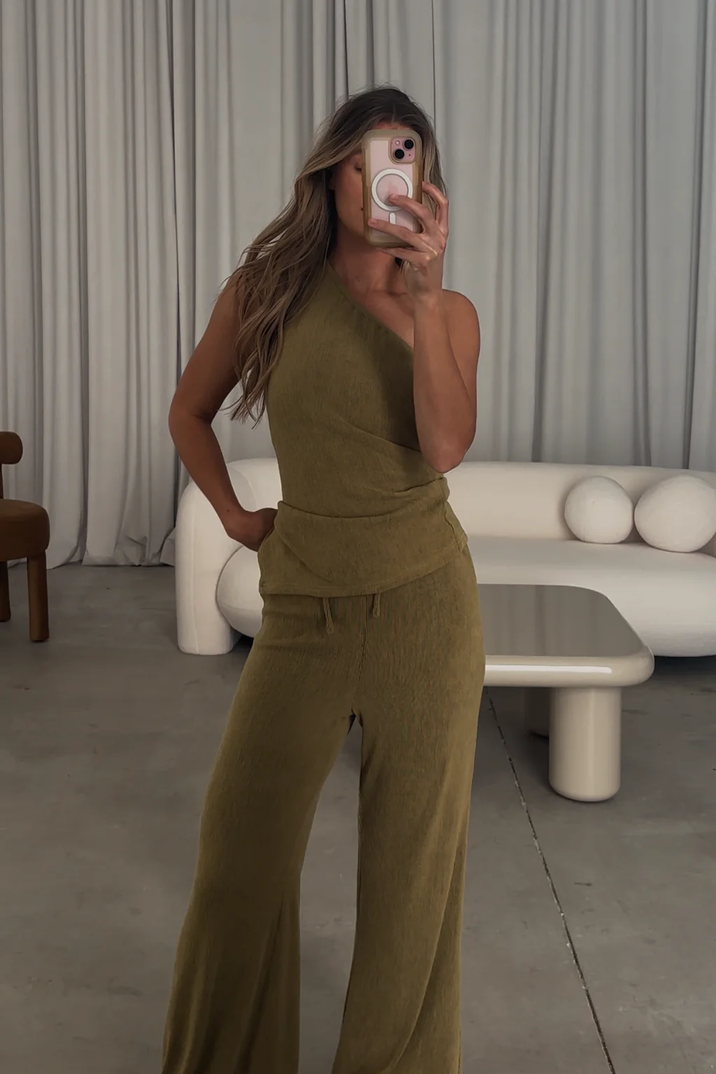 Ashley Asymmetrical One Shoulder Top and Pants Set in Olive - Fashionser