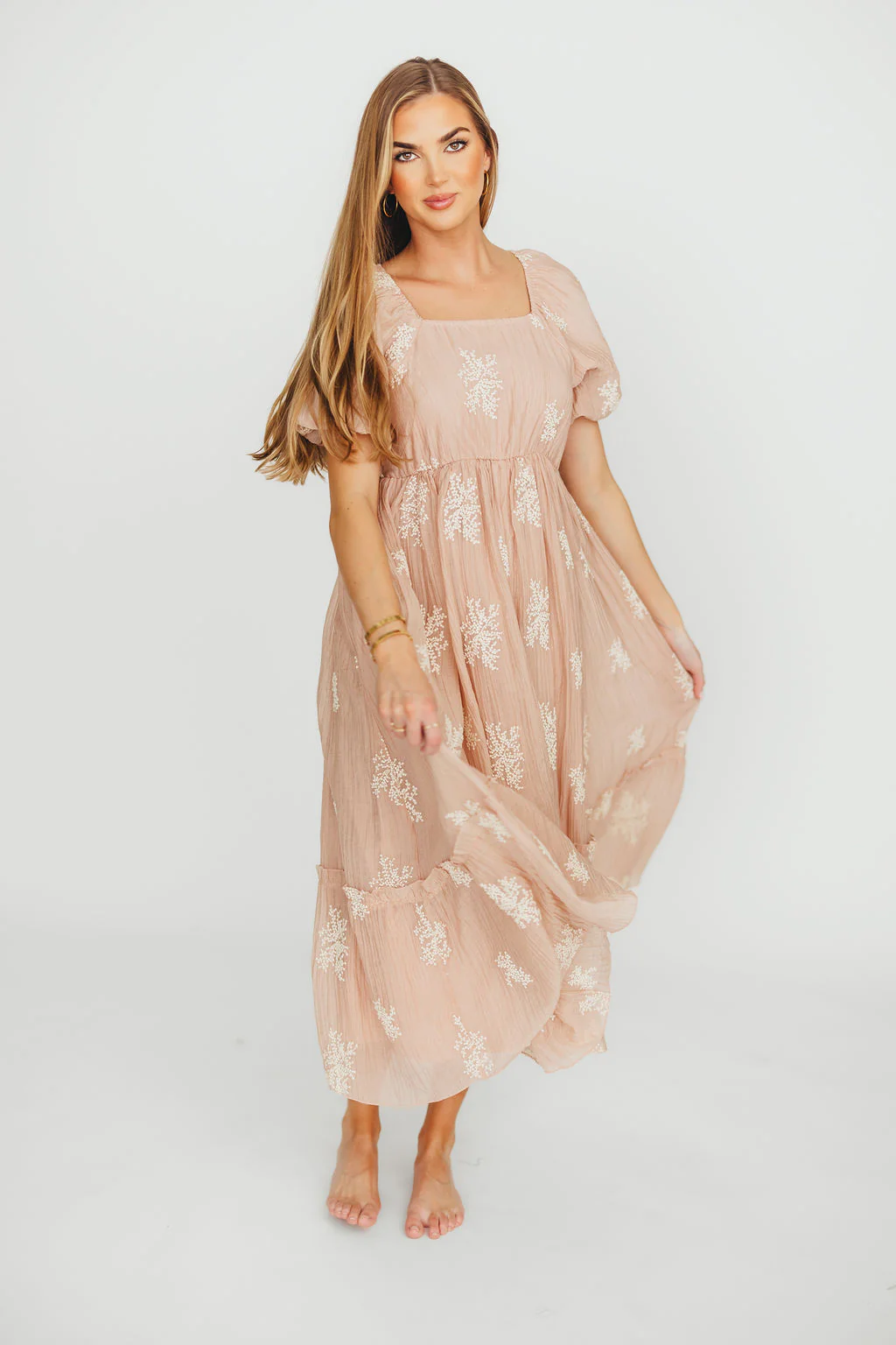 Hallie Embroidered Maxi Dress in Blush - Bump Friendly & Inclusive Sizing (S-3XL) - Fashionser