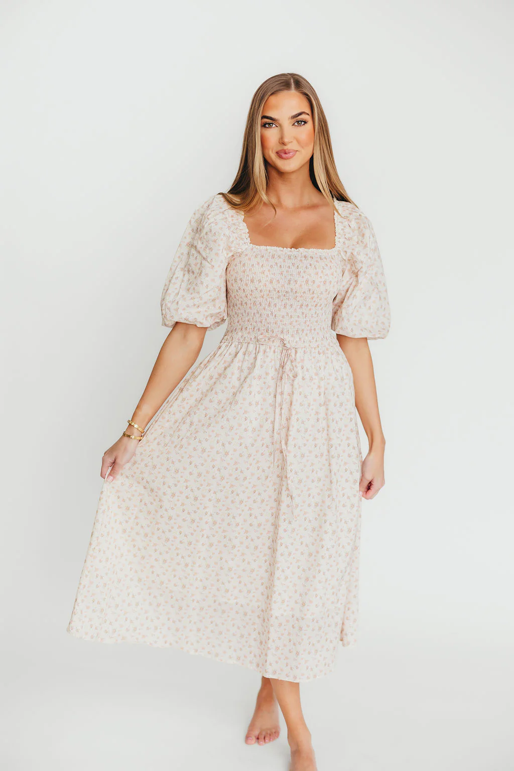 Maeve 100% Cotton Puff Sleeve Midi Dress in Dainty Pink Floral - Fashionser