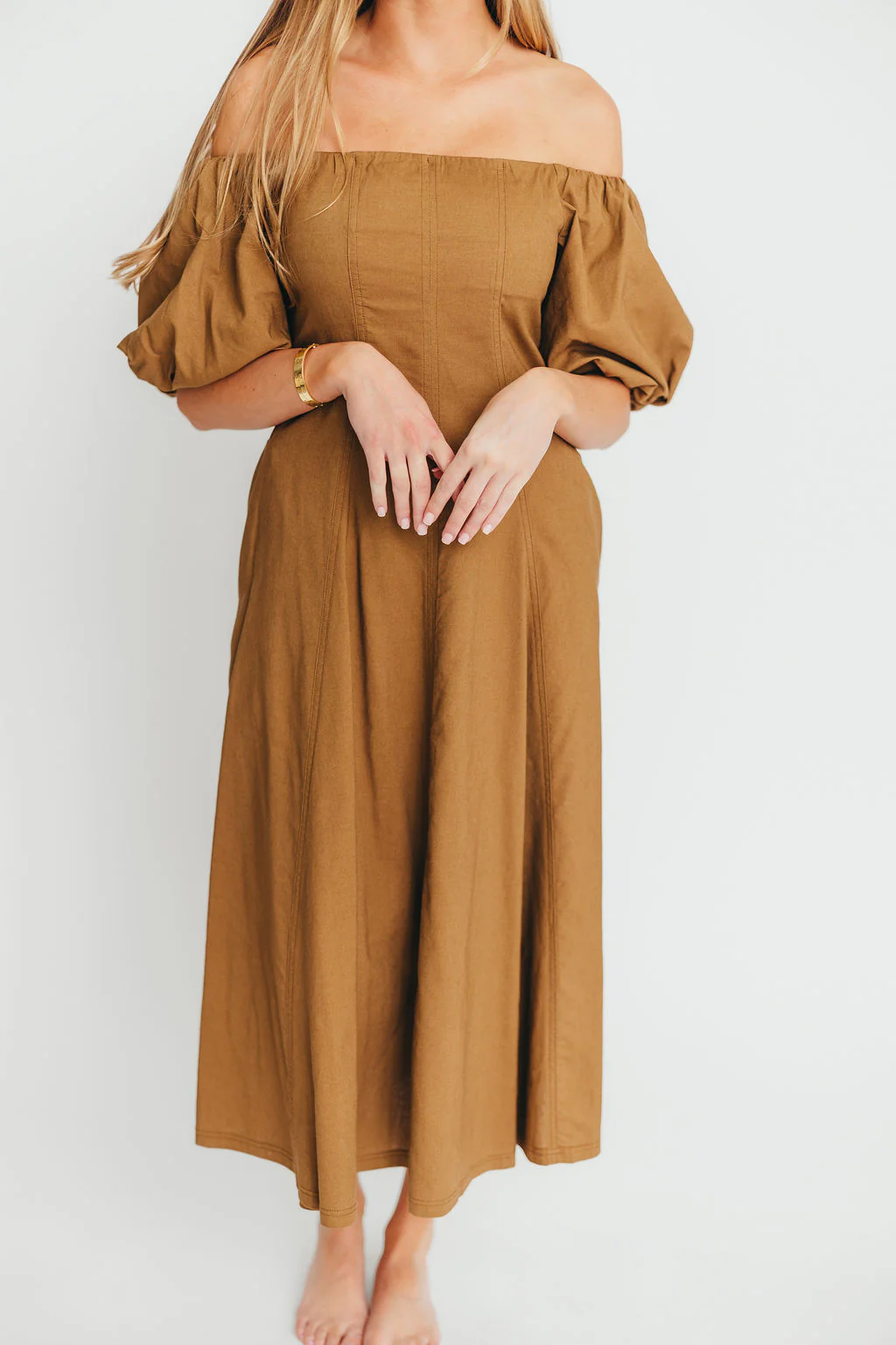 Serenity Off-The-Shoulder Midi Dress in Coconut - Fashionser