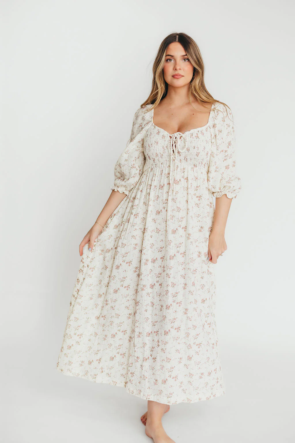 Cecilia 100% Cotton Smocked Maxi Dress in Ivory/Mauve Floral - Bump Friendly - Fashionser