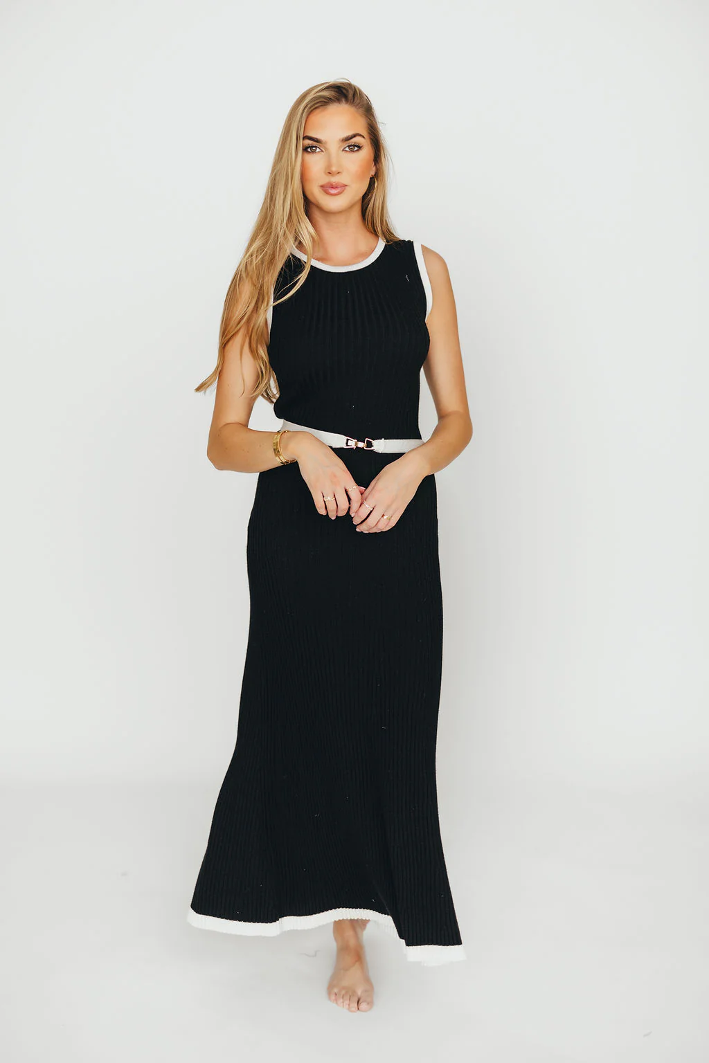 Drew Sleeveless Ribbed Knit Midi Dress in Black/White - Fashionser