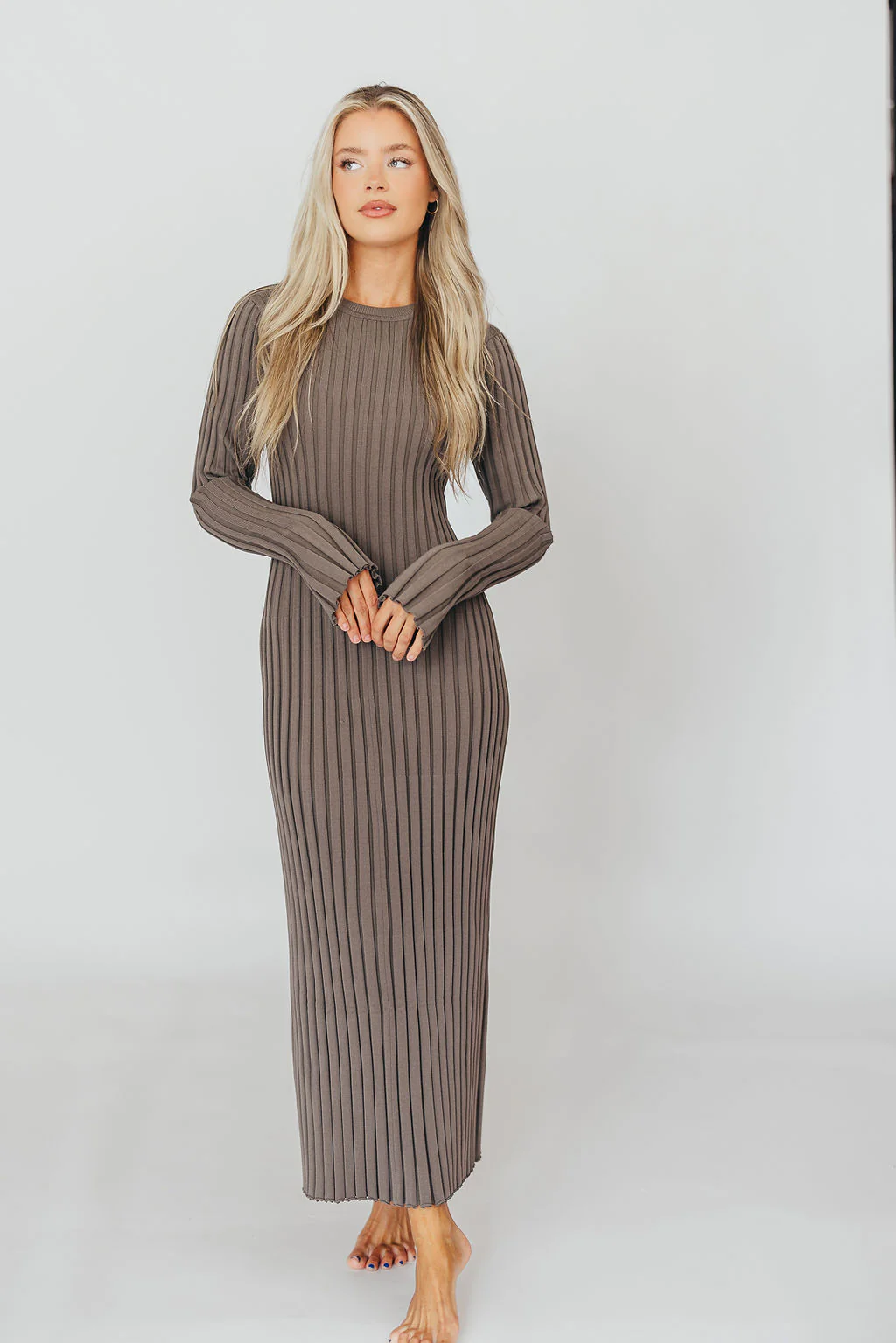 Colette Premium Long Sleeved Ribbed Knit Maxi Dress in Mocha Slate - Bump Friendly - Fashionser
