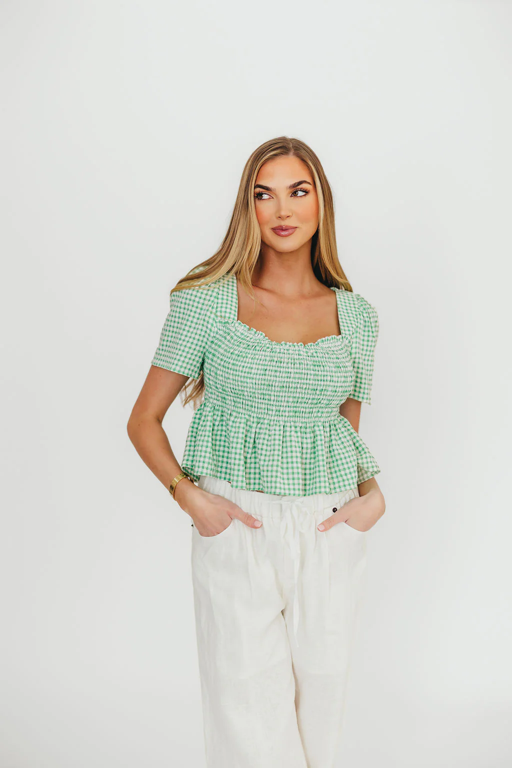 Murphy Smocked Puff Sleeve Blouse in Green - Fashionser