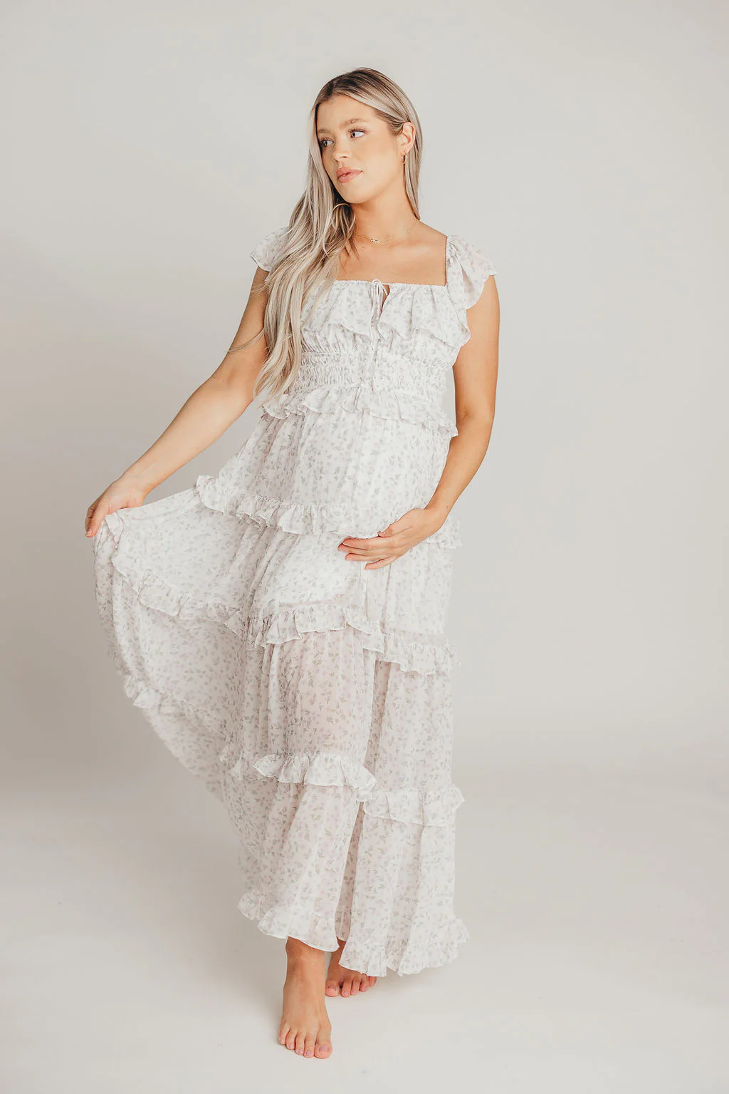 Astrid Ruffle Detail Maxi Dress in Lavender Floral - Bump Friendly - Restocking End of April - Fashionser