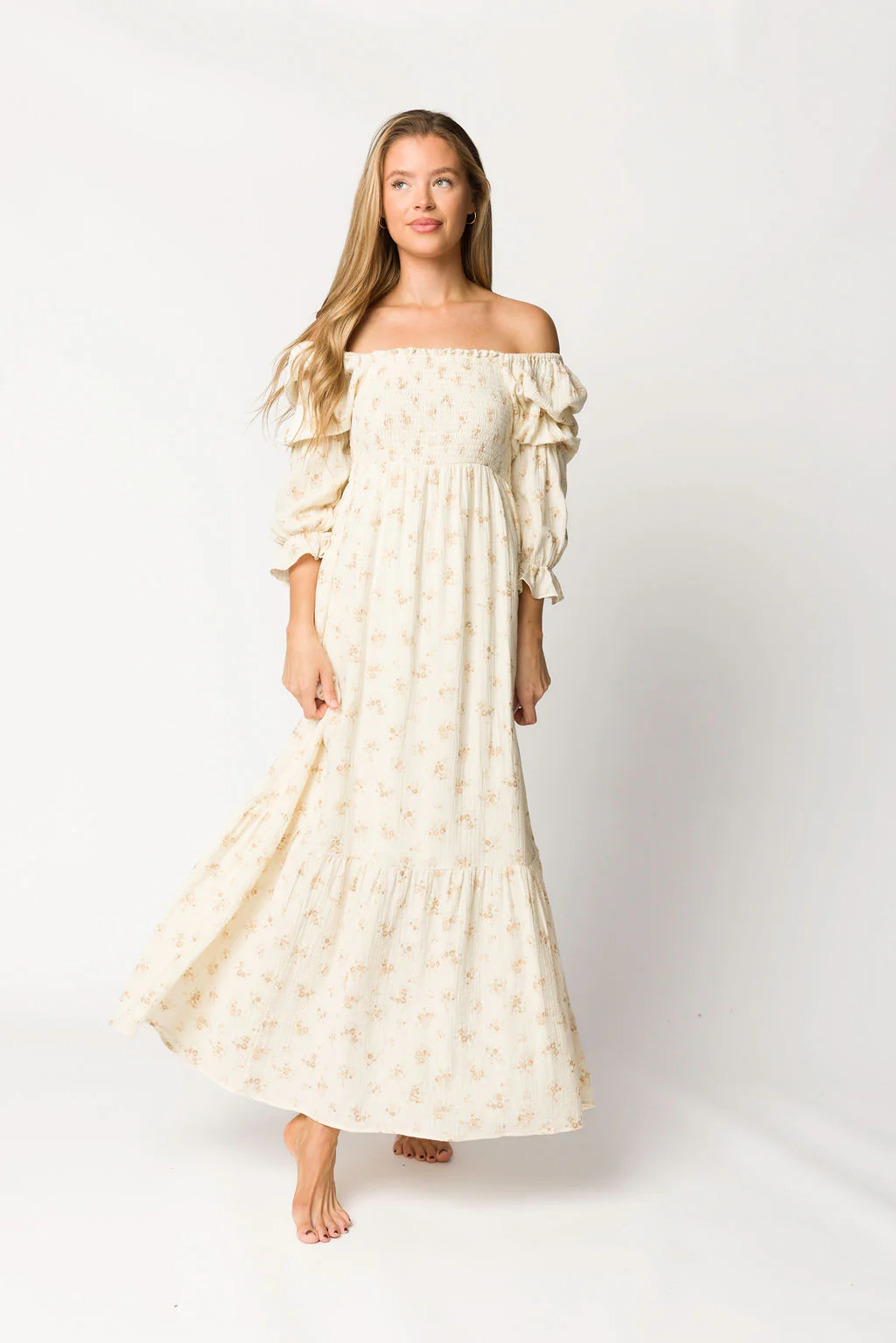 Emerson Smocked Gauze Maxi Dress with Long Sleeves in Natural - Bump Friendly - Fashionser