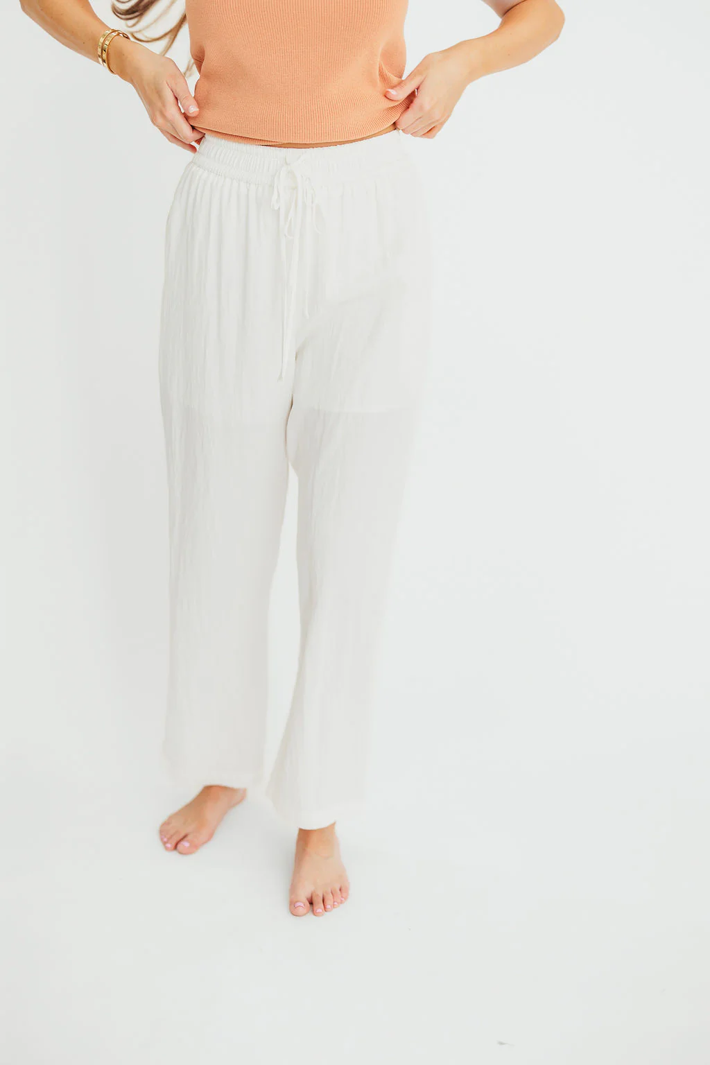 June Double Drawstring Detail Wide Leg Pants in White - Fashionser