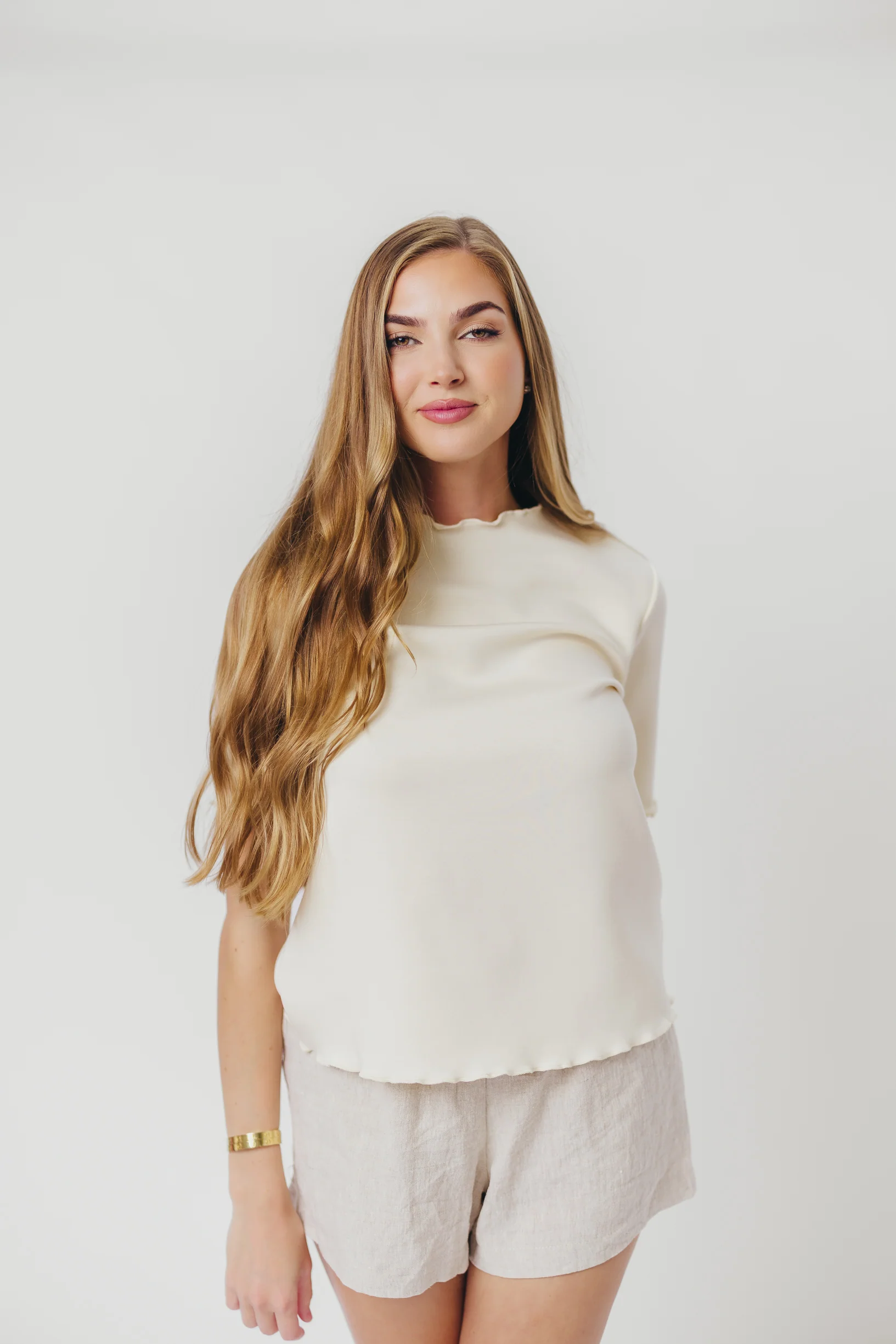 Jemma Butter Modal Mockneck Top with Merrow Edge from P.Cill in Eggshell - Fashionser