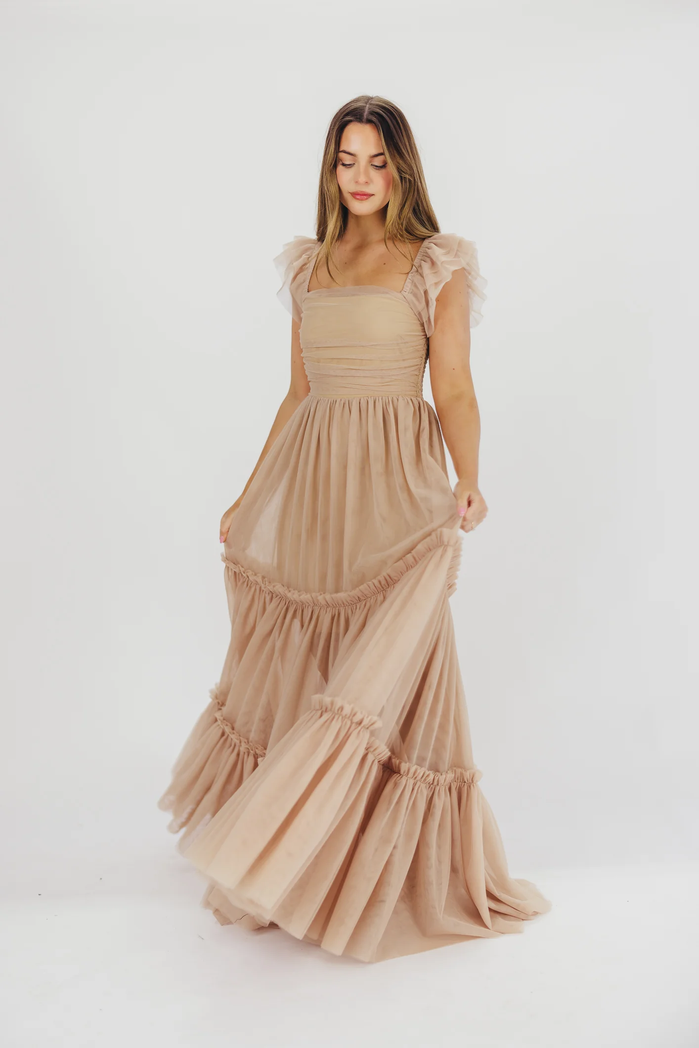 Bella Tiered Tulle Maxi Dress in Taupe - Bump Friendly & Inclusive Sizing (S-3XL) - Fashionser