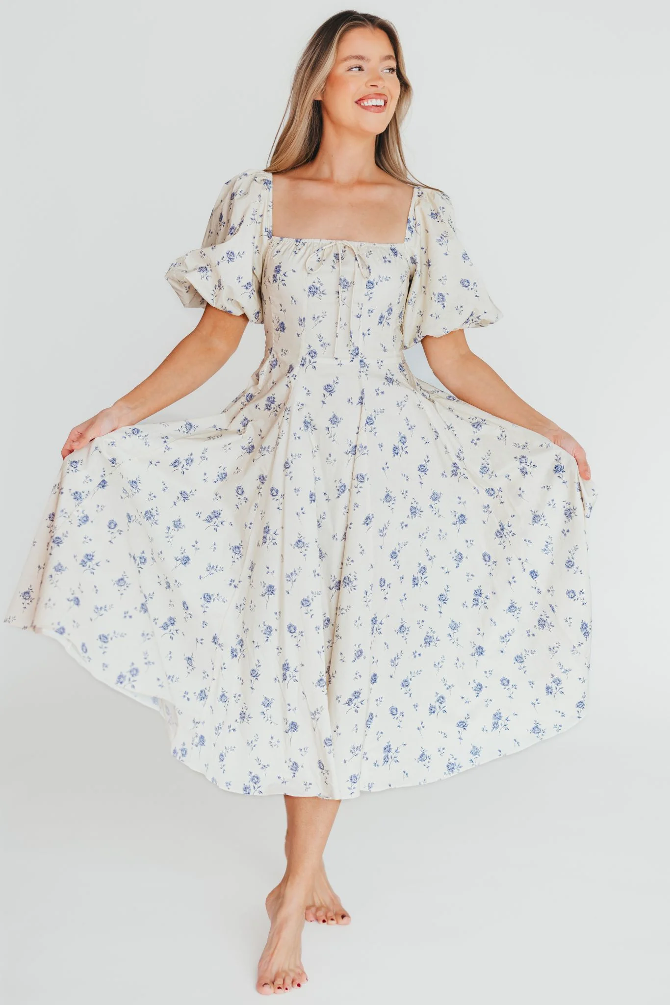 Olivia 100% Cotton Floral Printed Midi Dress in Ivory - Fashionser