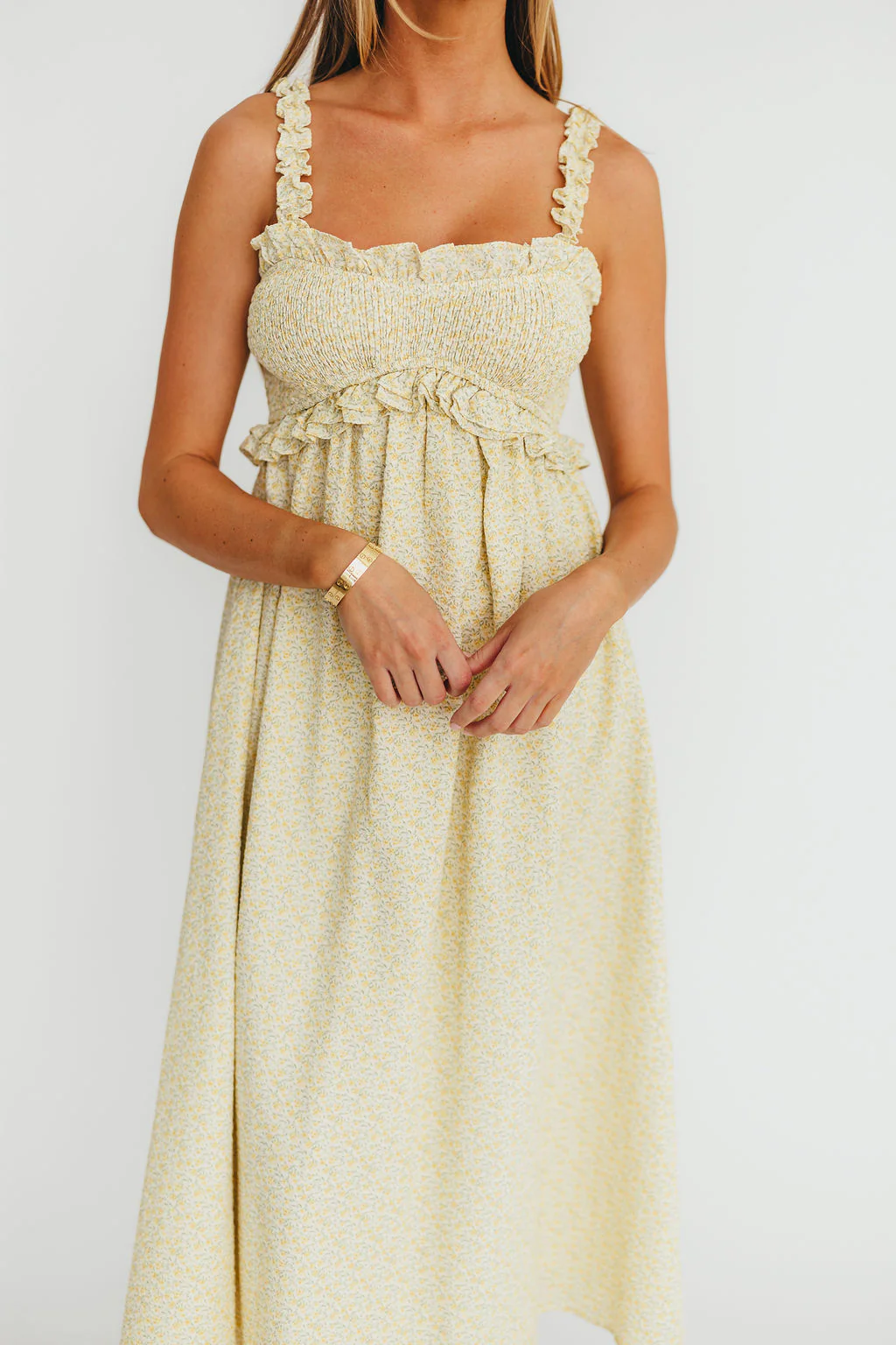 Raya Ruffle Trim Midi Dress in Yellow Floral - Fashionser