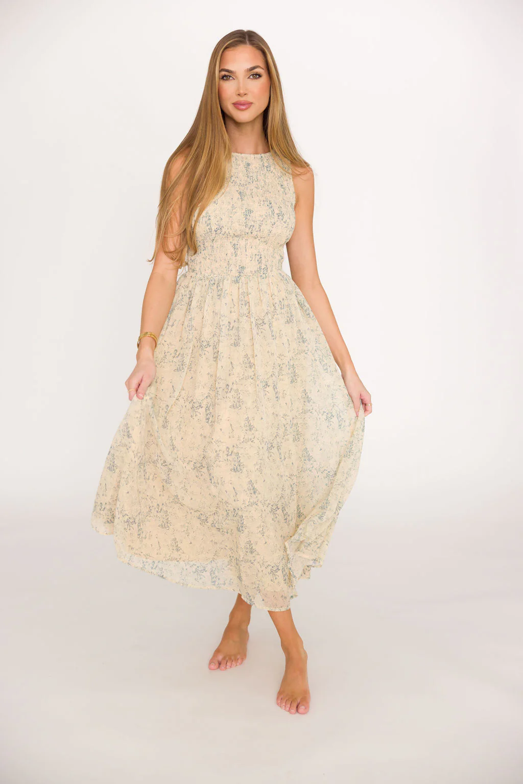 Alaina Floral Print Smocked Midi Dress in Blue Multi - Fashionser