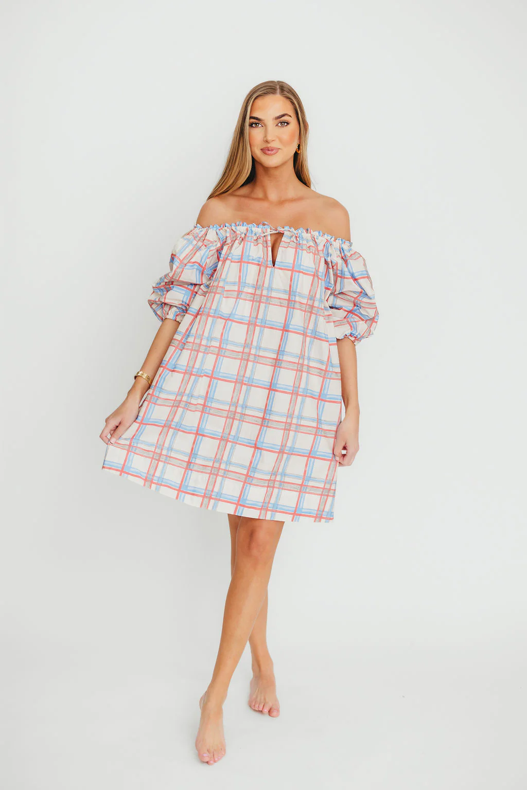 Inaya 100% Cotton Puff Sleeve Babydoll Mini Dress in Blue Multi - Fashionser