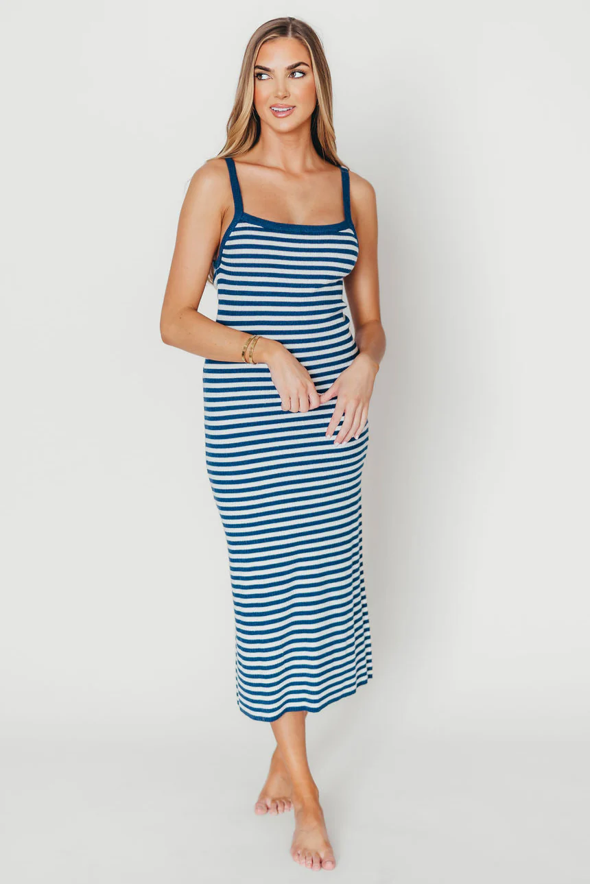 Rhode Striped Bodycon Midi Dress in Ivory/Navy - Fashionser