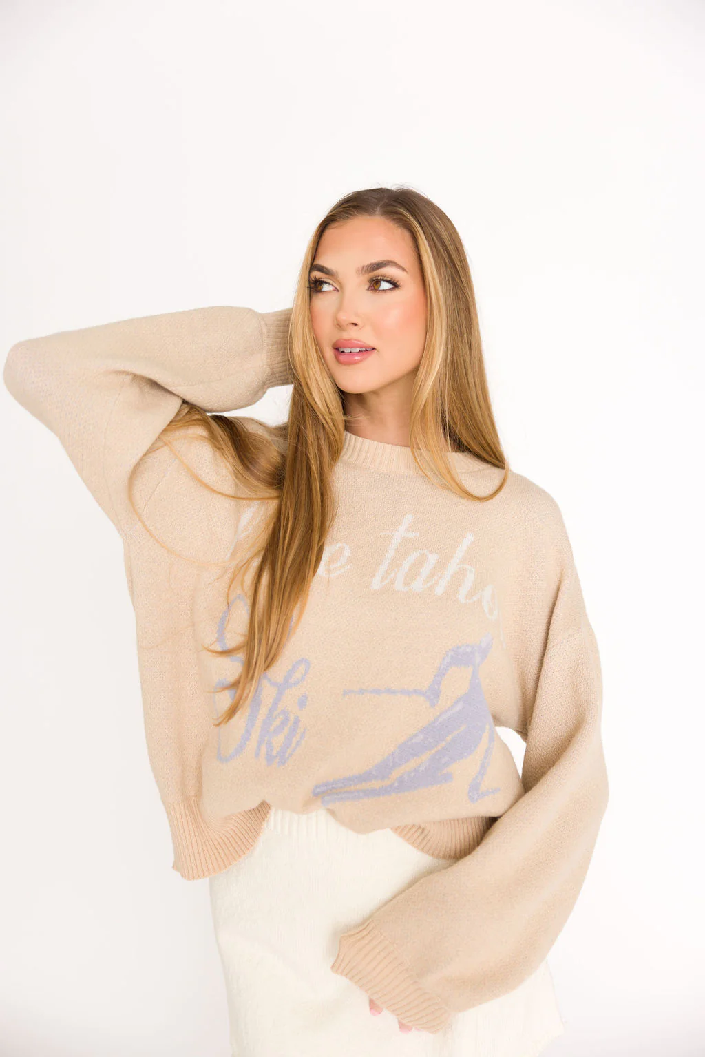 Lake Tahoe Ski Graphic Oversized Sweater in Beige - Fashionser