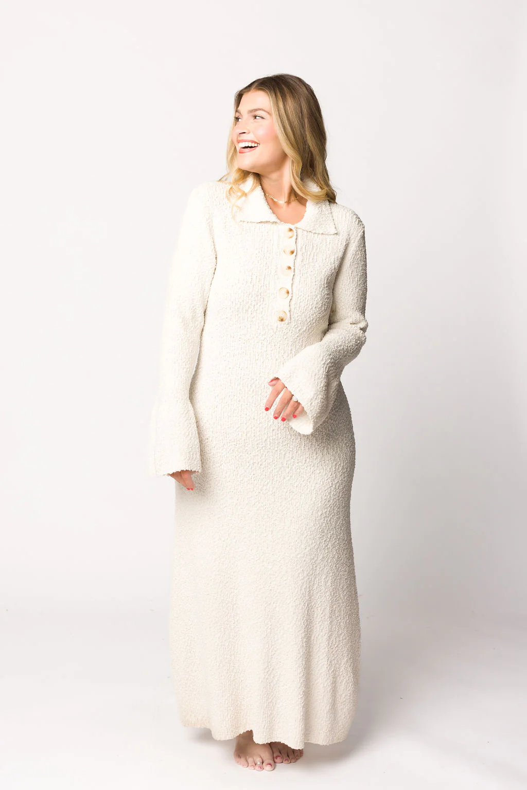 Courtney Boucle Maxi Shirt Dress in Cream- Nursing Friendly - Fashionser