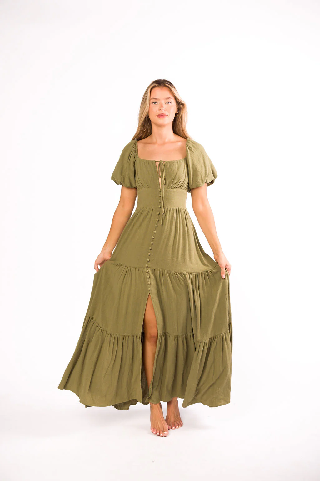 Genevieve Tiered Maxi Dress in Olive - Fashionser