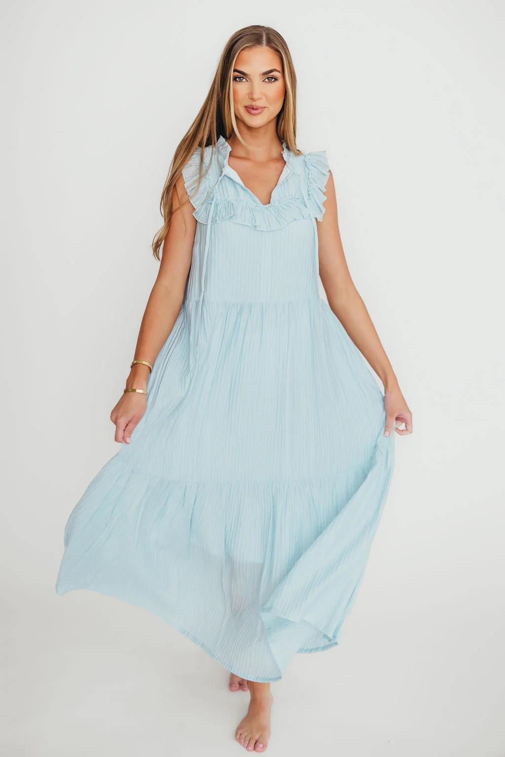Brynn Ruffle Tiered Midi Dress in Blue - Fashionser