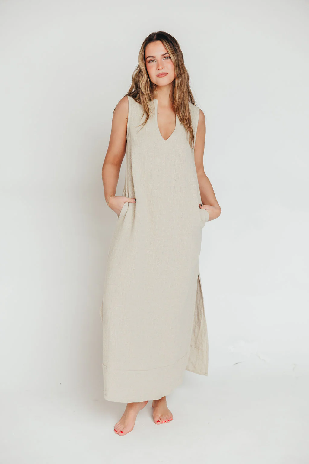How Sweet It Is Sleeveless Linen-Blend Maxi in Sand - Bump Friendly - Fashionser
