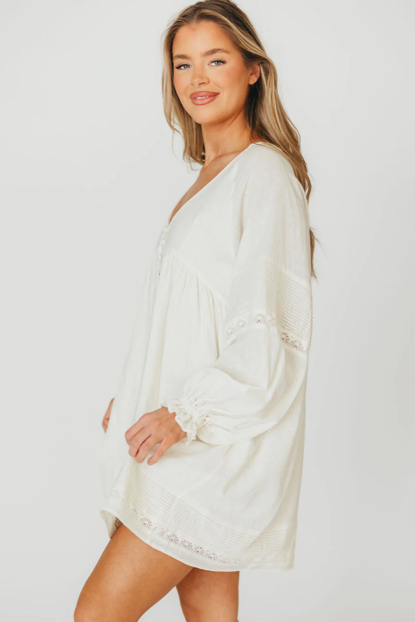Kenzie Linen Pintuck and Button Detail Mini Dress in Off-White - Fashionser