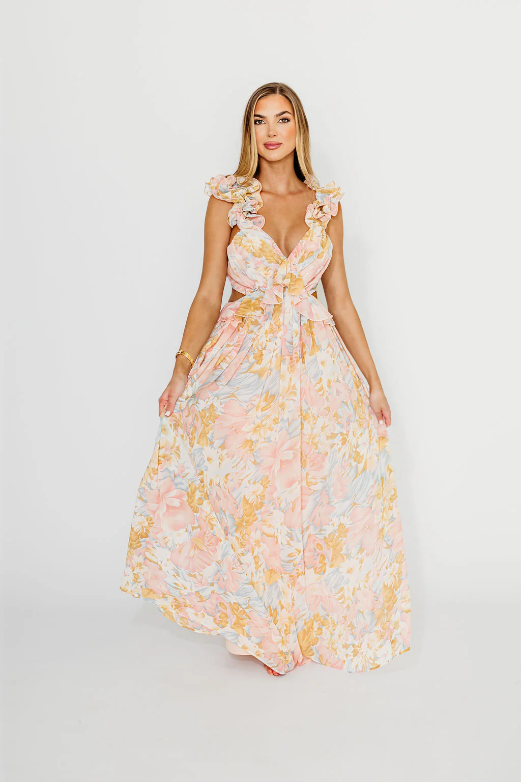 Rapunzel Floral Ruffle Sleeve Open Back Maxi Dress in Pink - Fashionser