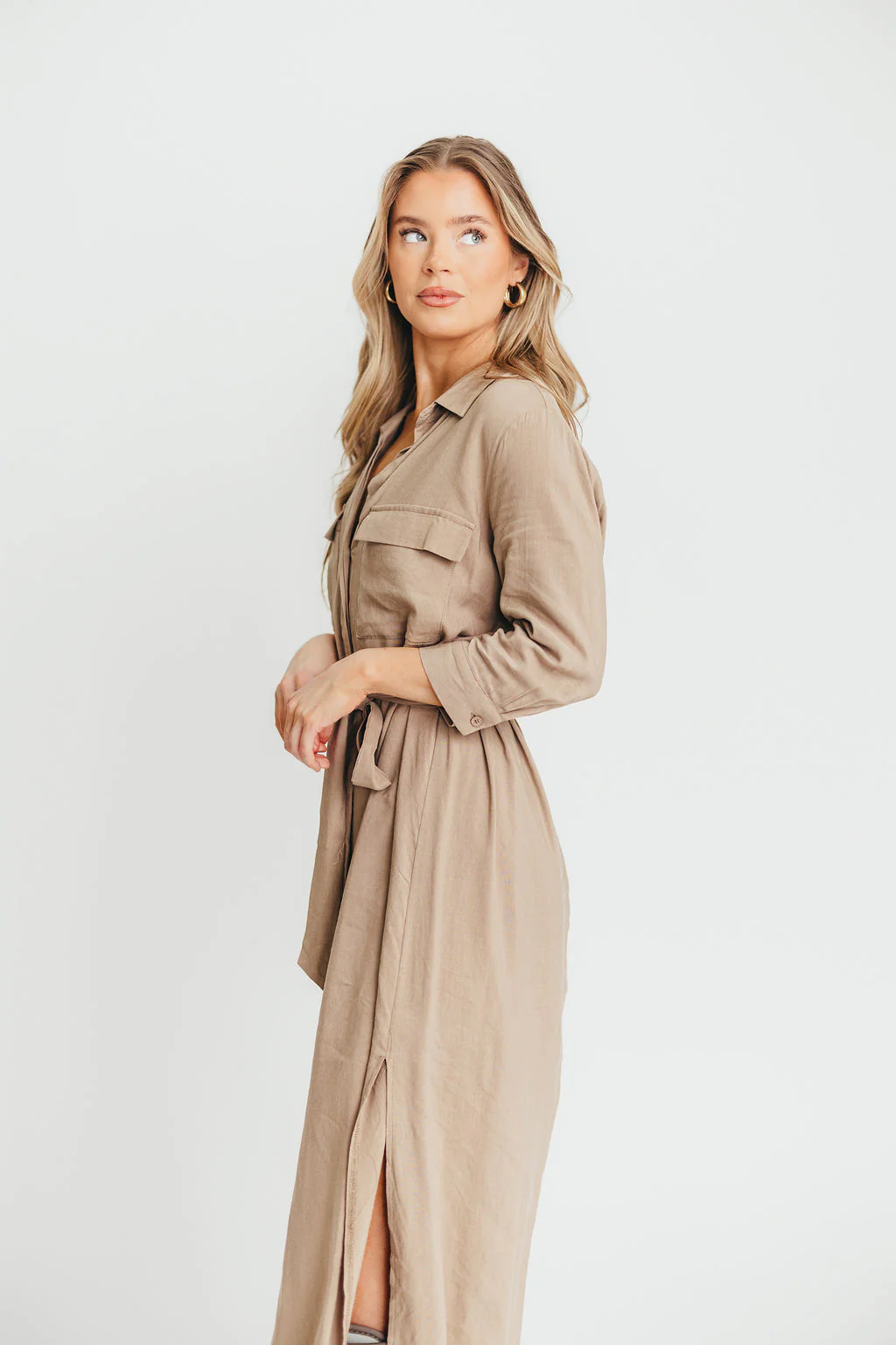 Rhea Belted Maxi Shirt Dress in Stone - Nursing Friendly - Fashionser