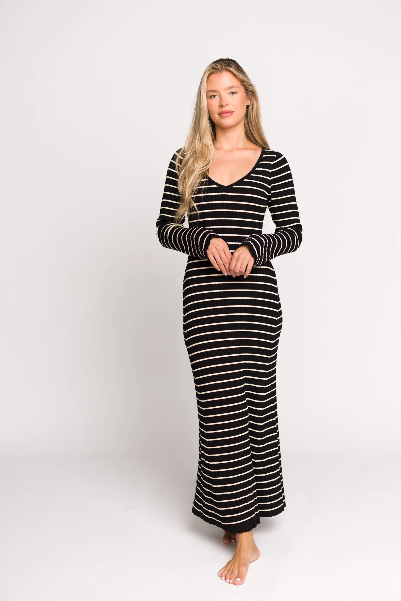 Keaton Knit Maxi Dress with V-Neckline in Black/Cream Stripe - Fashionser