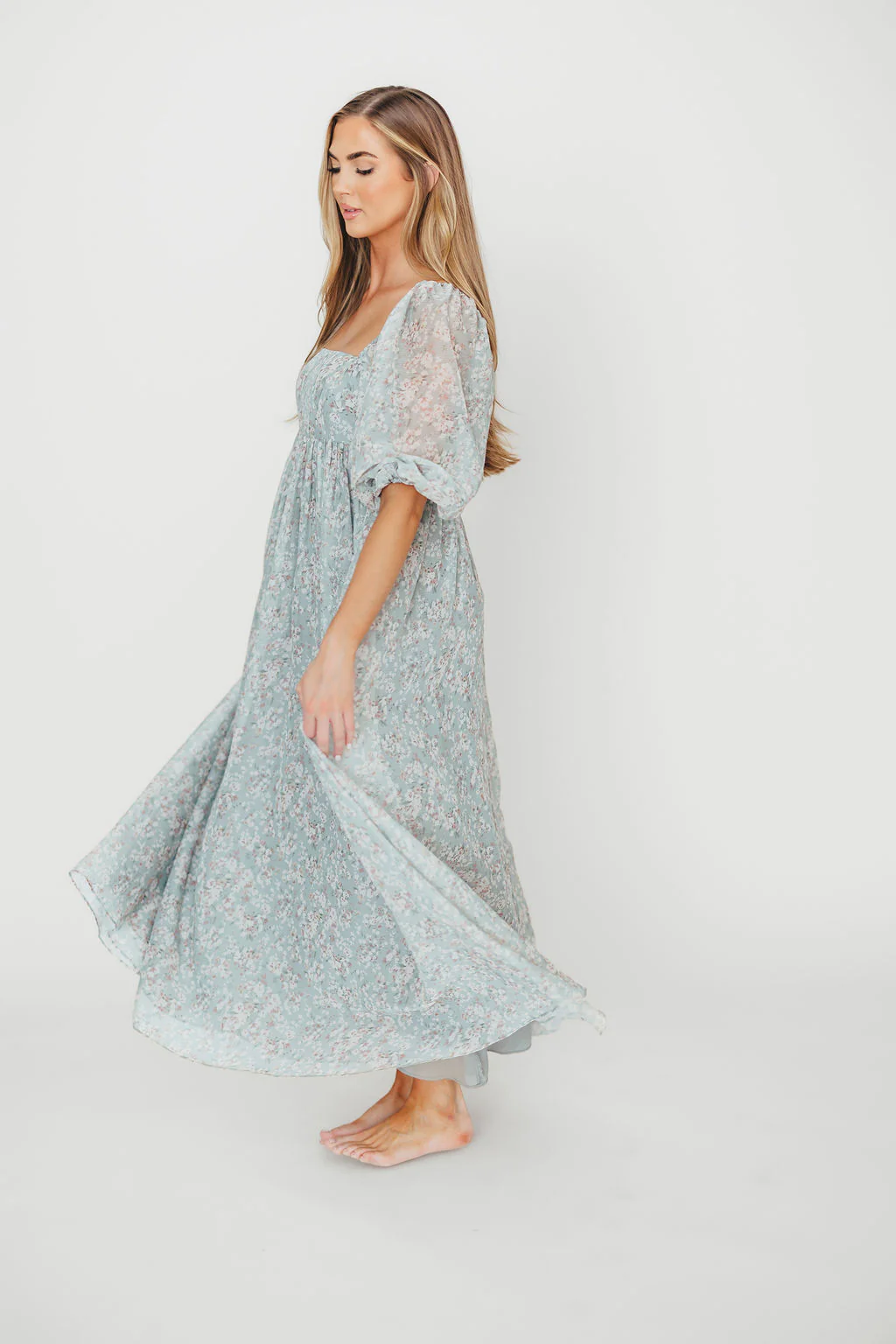 Mona Maxi Dress with Smocking in Sage Green Floral - Bump Friendly & Inclusive Sizing (S-3XL) - Fashionser