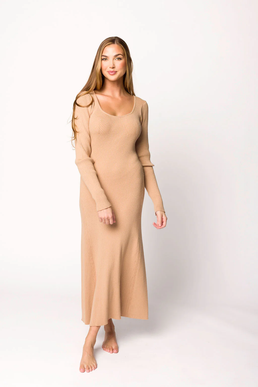 Alison Knit Sweater Maxi Dress in Almond - Fashionser
