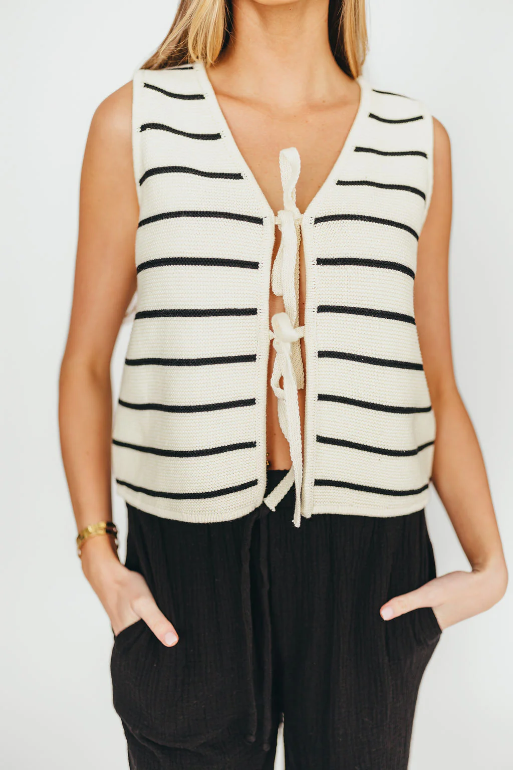 Sadie Striped Knit Vest with Tie Front in White/Black - Fashionser
