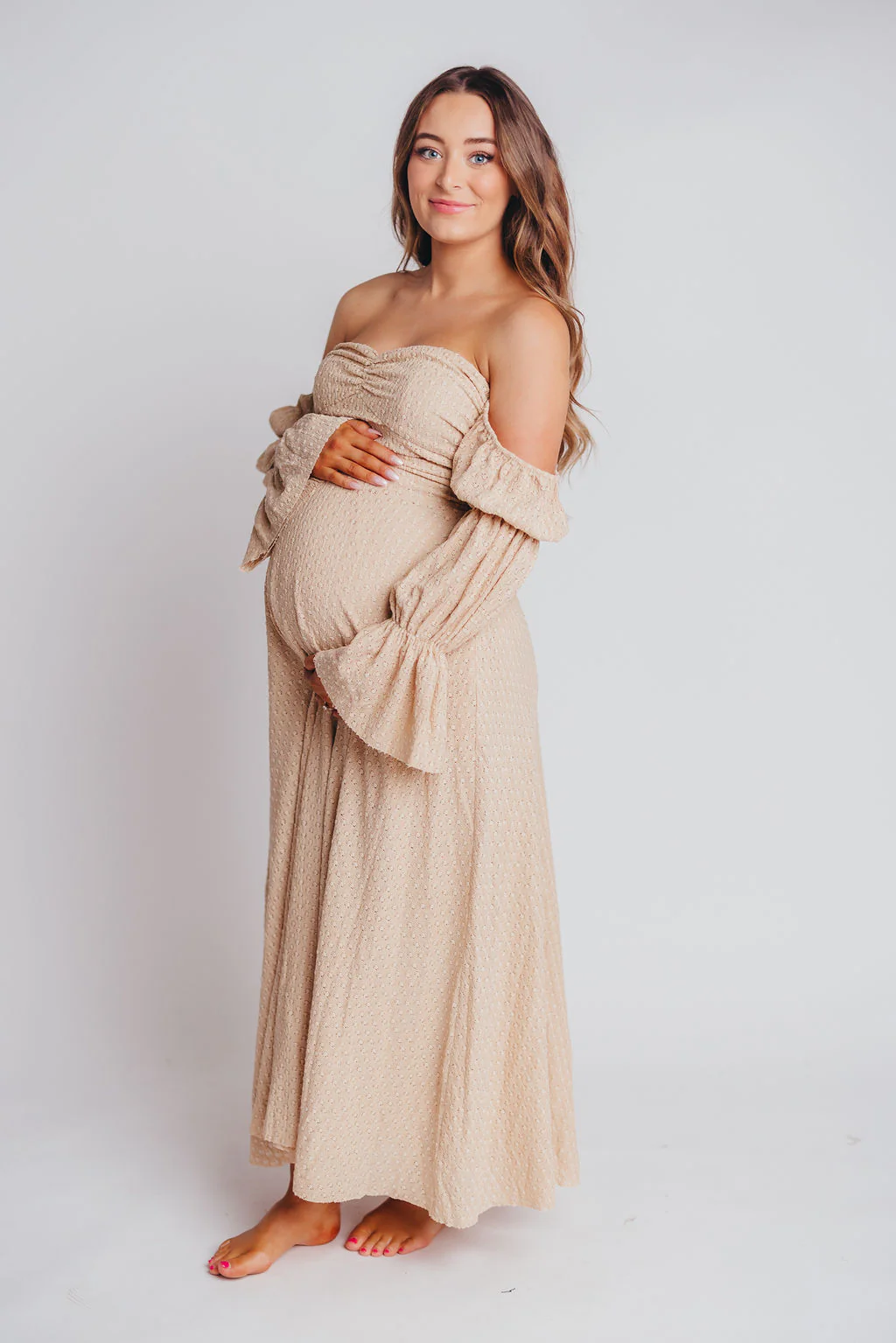 Corrine Tiered Sleeve Maxi Dress with Pockets in Beige - Bump Friendly - Fashionser