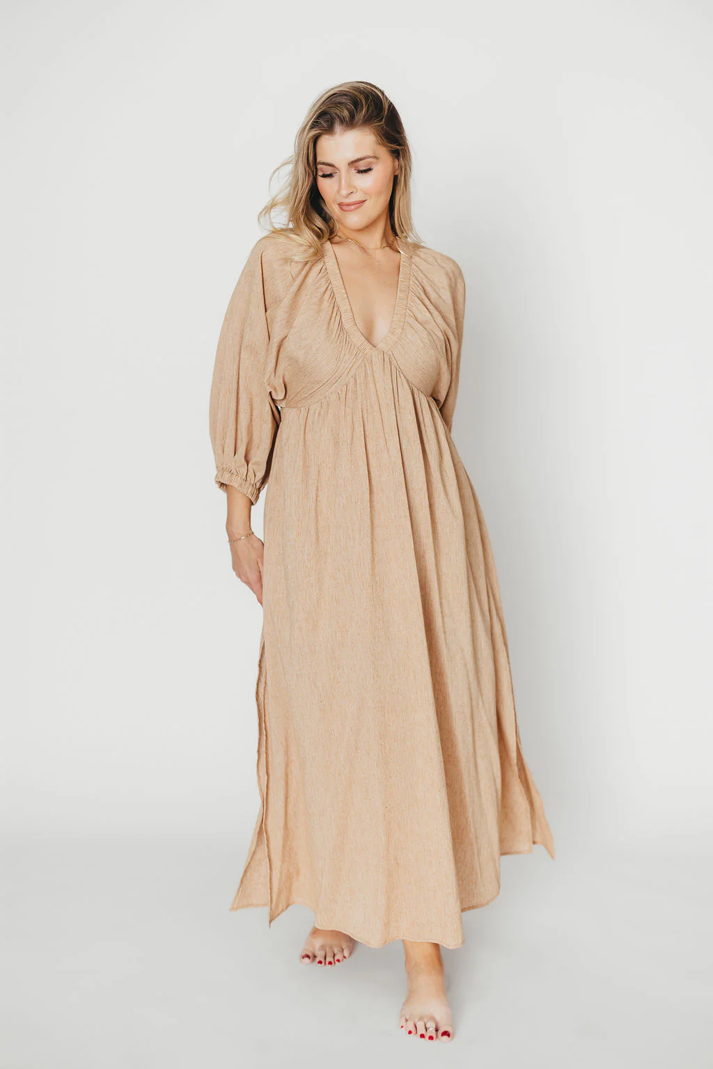 Finn V-Neck Midi Dress in Taupe - Fashionser