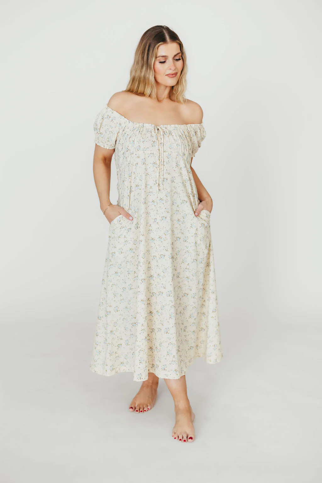 Marley 100% Cotton Midi Dress in Ivory/Blue Floral - Bump Friendly (Restocking in April) - Fashionser