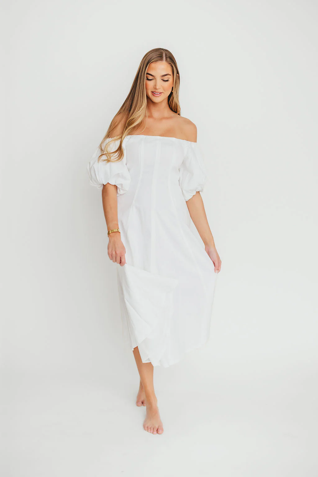 Serenity Off-The-Shoulder Midi Dress in Ivory - Fashionser