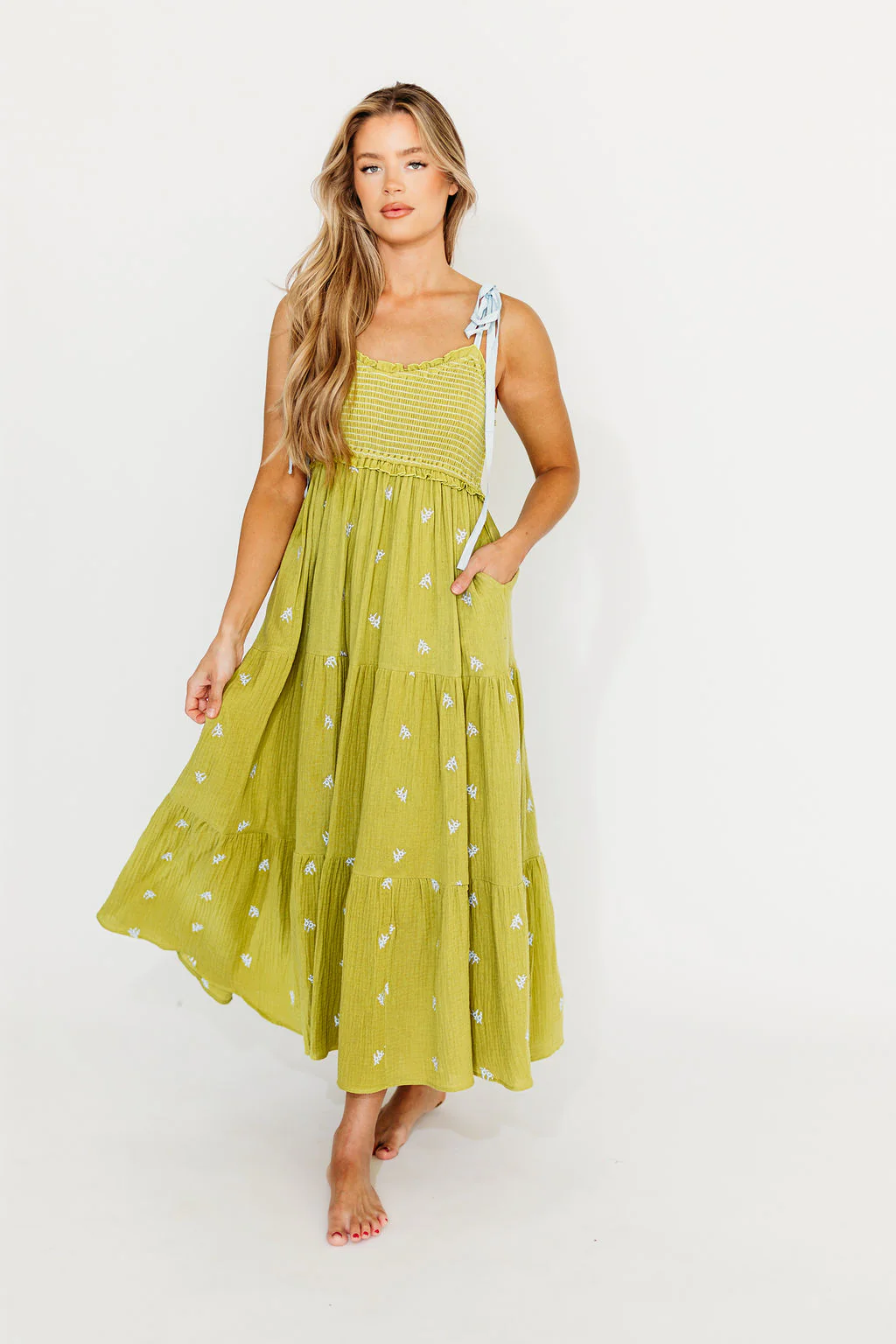 Kiana 100% Cotton Smocked Embroidered Gauze Maxi in Moss - Fashionser
