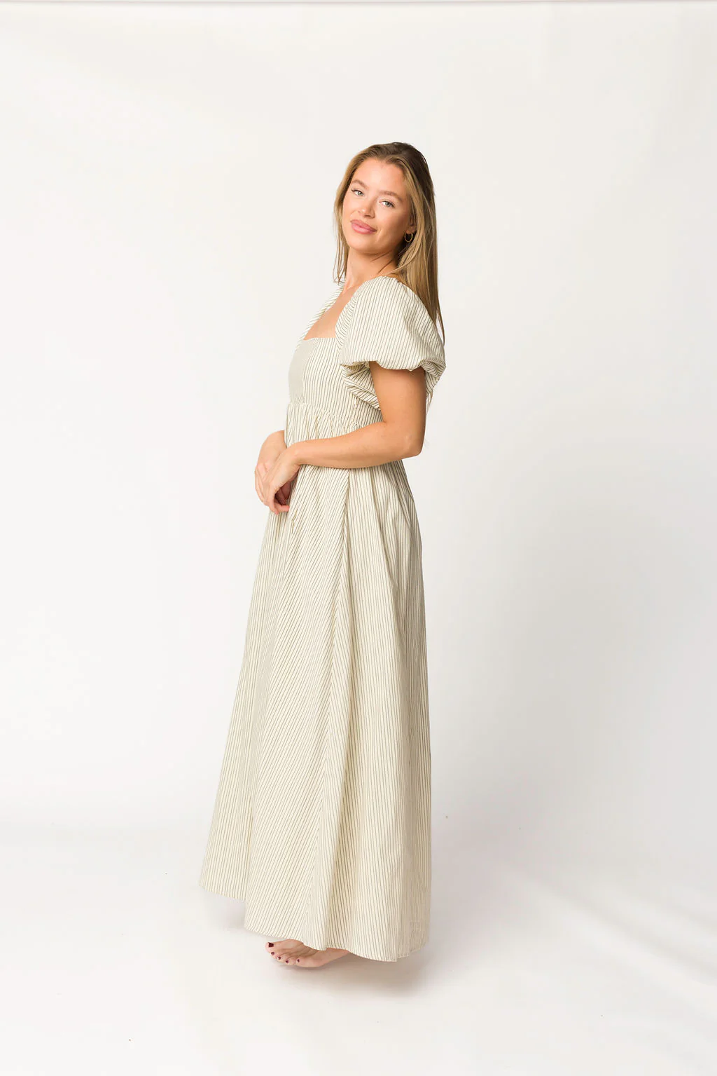 Jules Striped Maxi Dress in Natural/Black - Bump Friendly - Fashionser