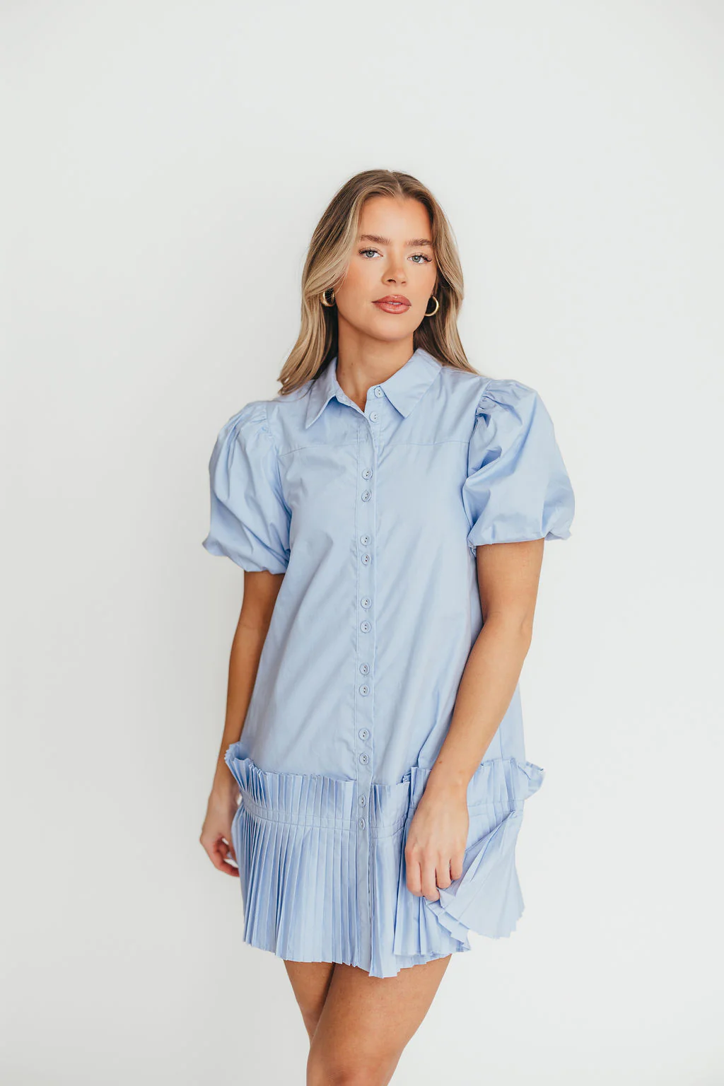 Alicia Pleated Hem Mini Dress in Powder Blue - Fashionser